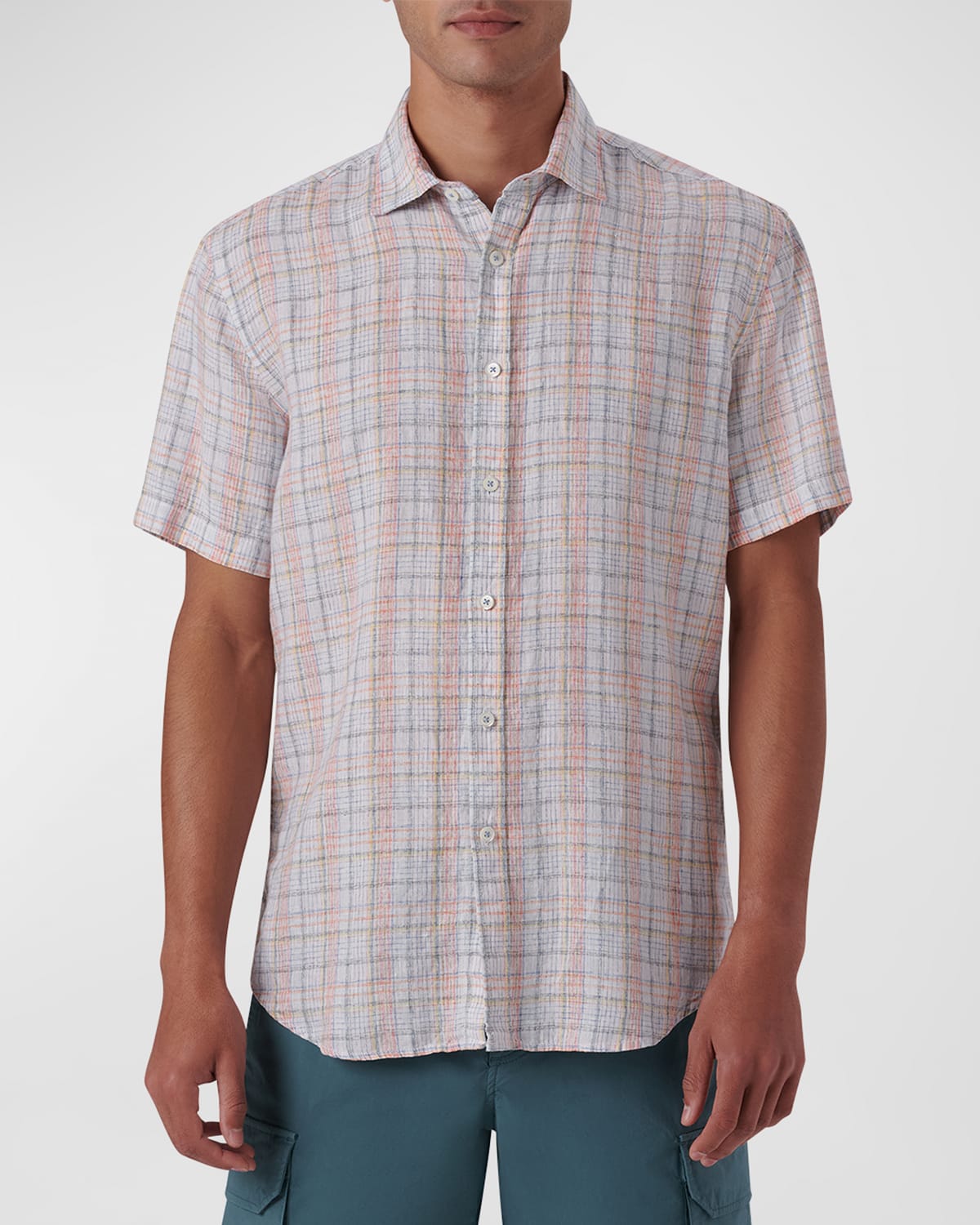 Bugatchi Shaped Fit Plaid Linen Short Sleeve Button-up Shirt In White