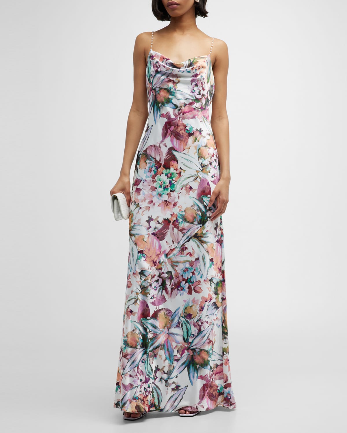 Beaded-Strap Floral-Print Satin Slip Gown