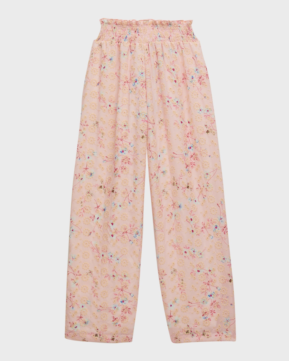 Flowers By Zoe Kids' Girl's Floral-print Eyelet Embroidered Smocked Pants In Pink