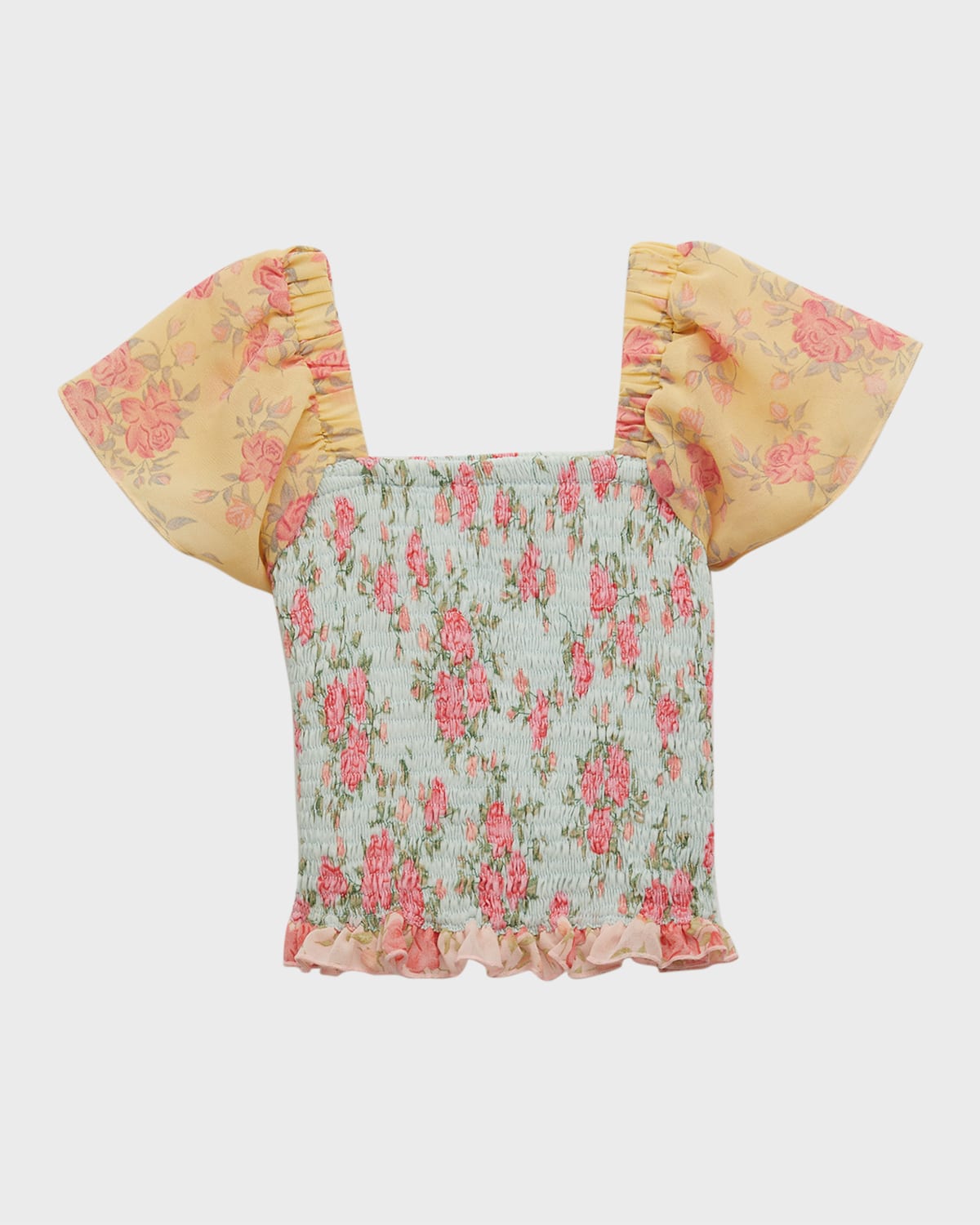 Flowers By Zoe Kids' Girl's Floral-print Smocked Combo Top In Blue