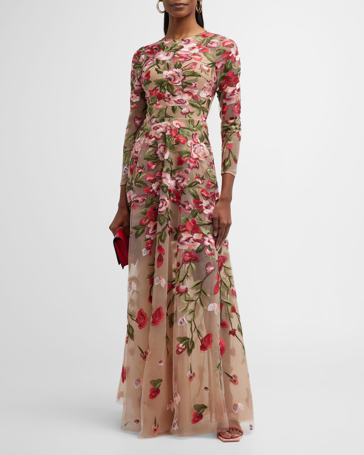 Ava Floral-Embroidered 3/4-Sleeve Gown