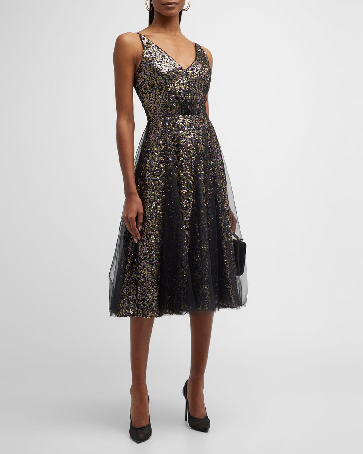 DRESS THE POPULATION COURTNEY SEQUIN FIT-&-FLARE MIDI DRESS