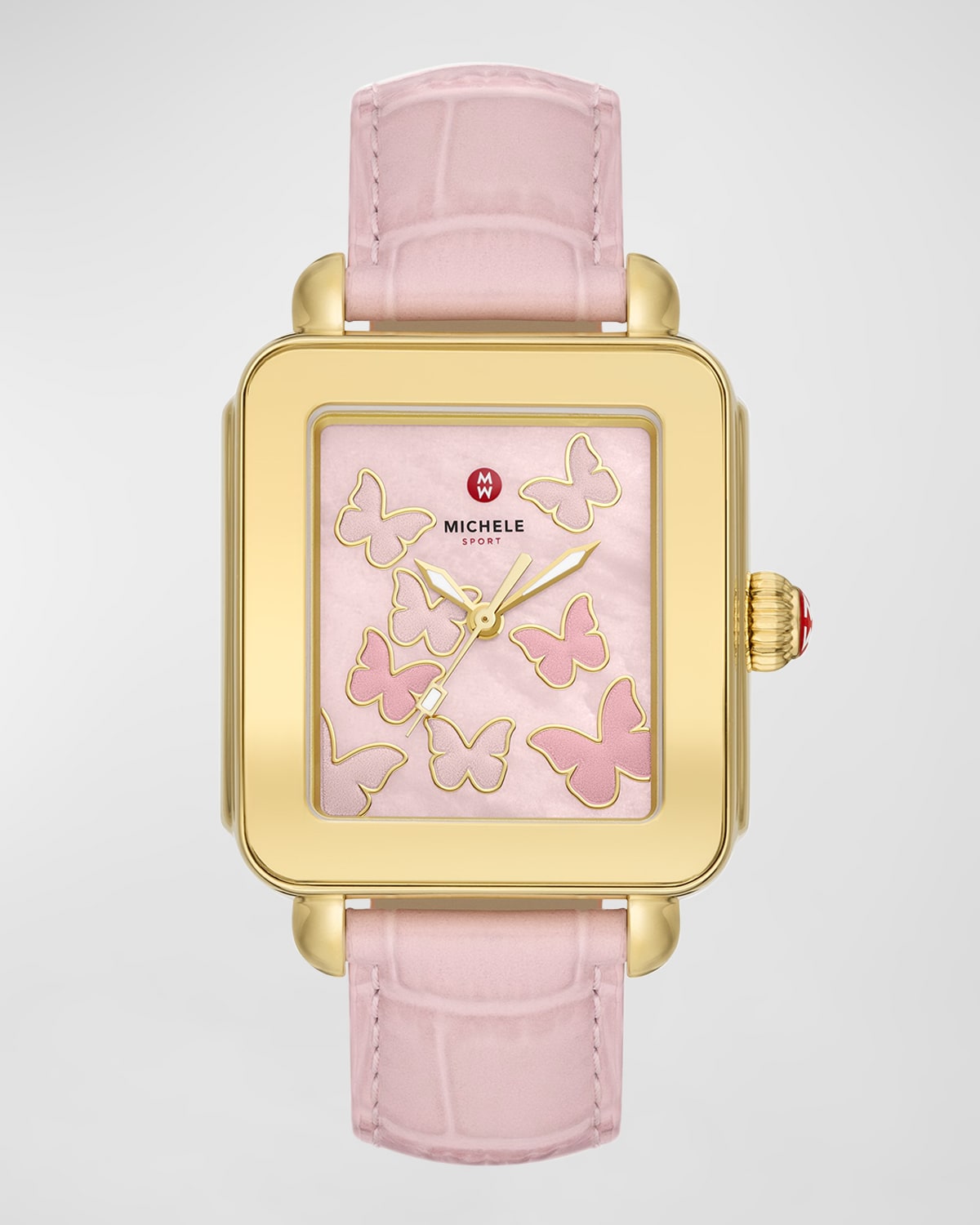 Michele 34mm Deco Sport Butterfly Watch With Leather Strap, Gold/pink