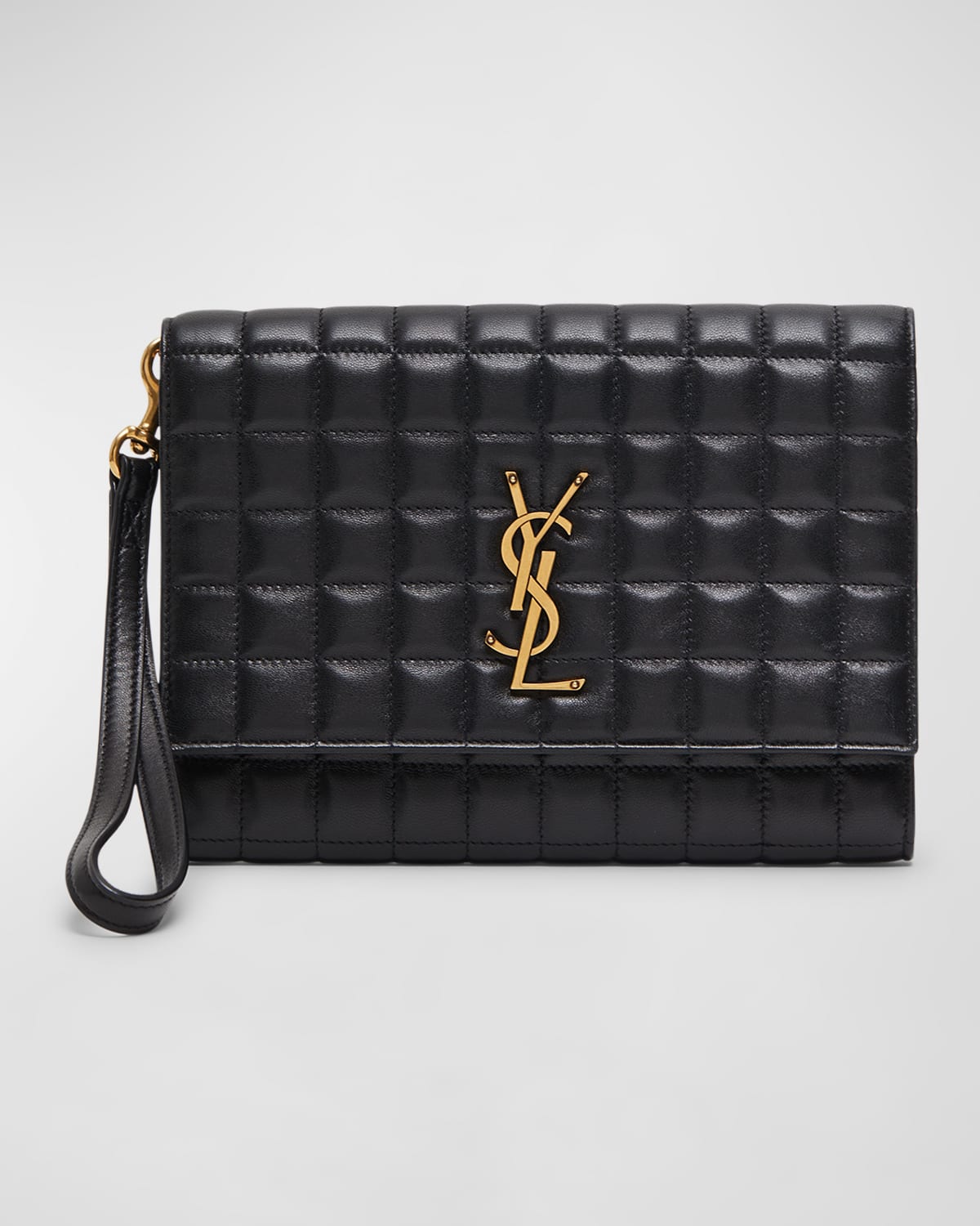Saint Laurent Cassandra Quilted Leather Wristlet Pouch In Black