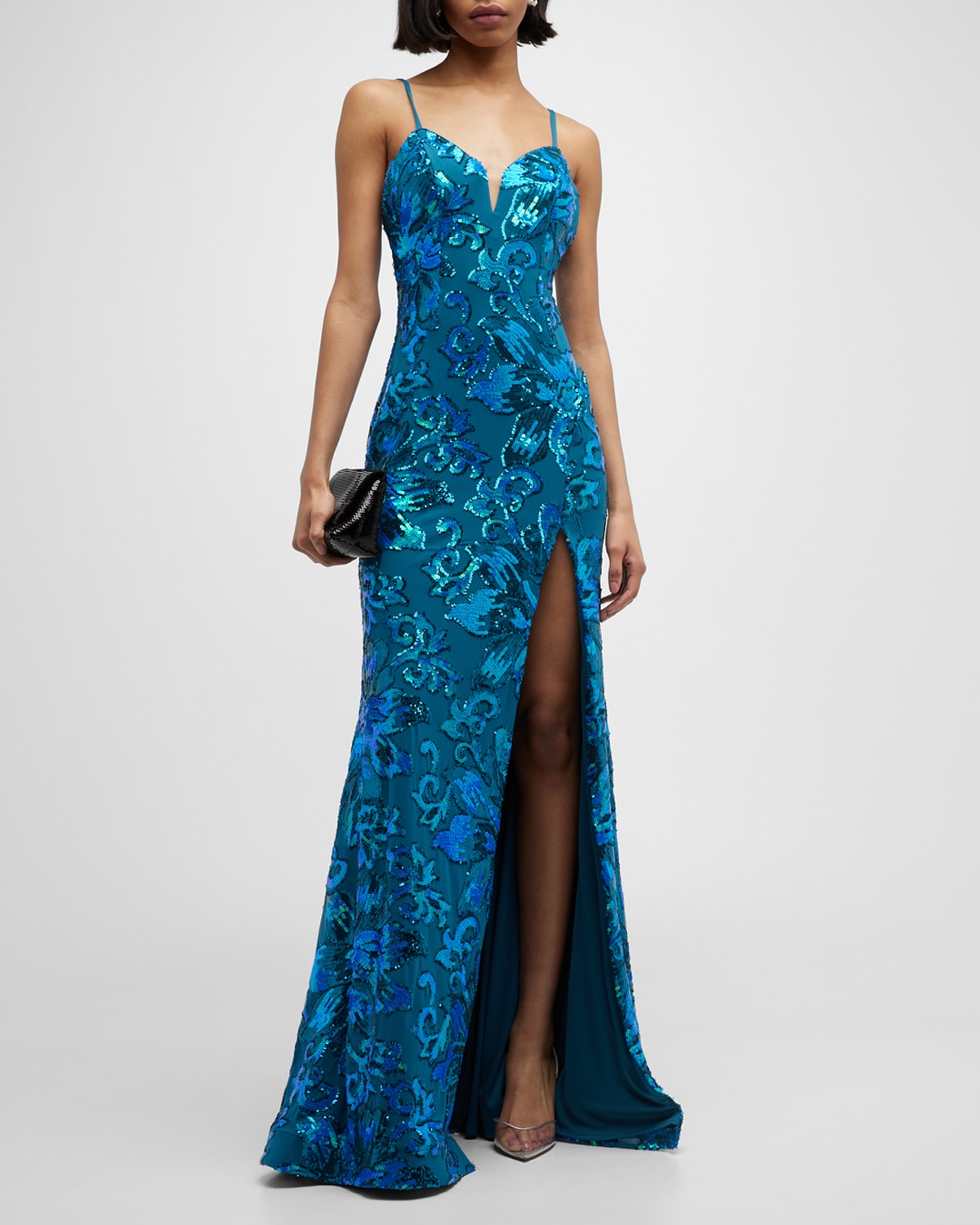 Jovani Floral Sequin Sweetheart A-Line Gown