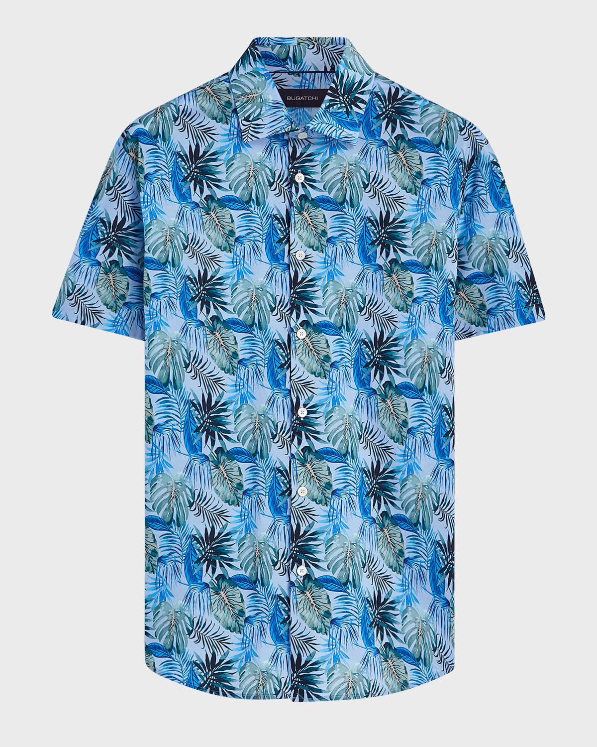 Bugatchi Shaped Fit Print Stretch Cotton Short Sleeve Button-up Shirt In Blue
