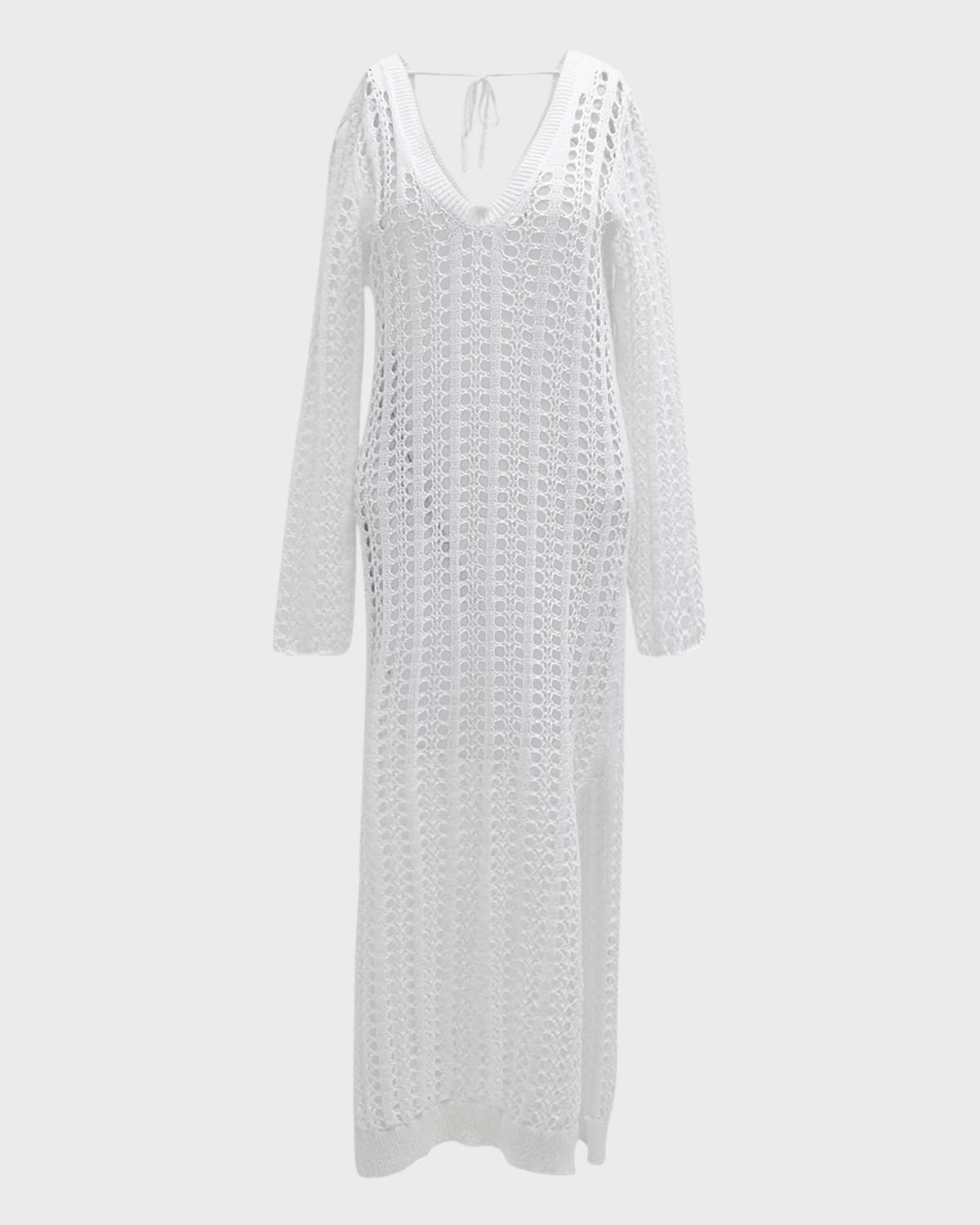 Brunello Cucinelli Open-knit Crochet Midi Dress In Cj159 Bianco