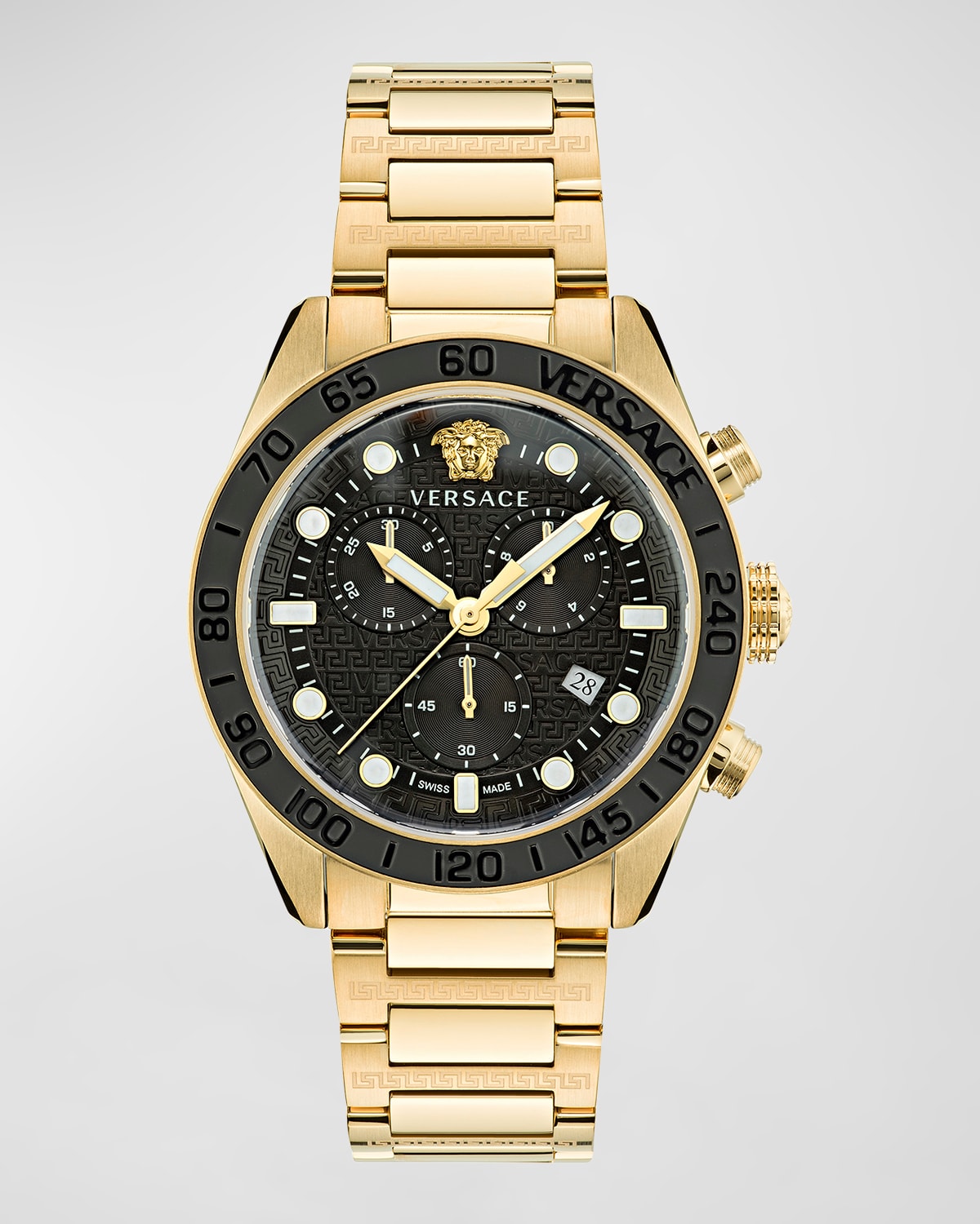 Versace Men's Swiss Chronograph Greca Dome Gold Ion Plated Bracelet Watch 43mm In Black Gold