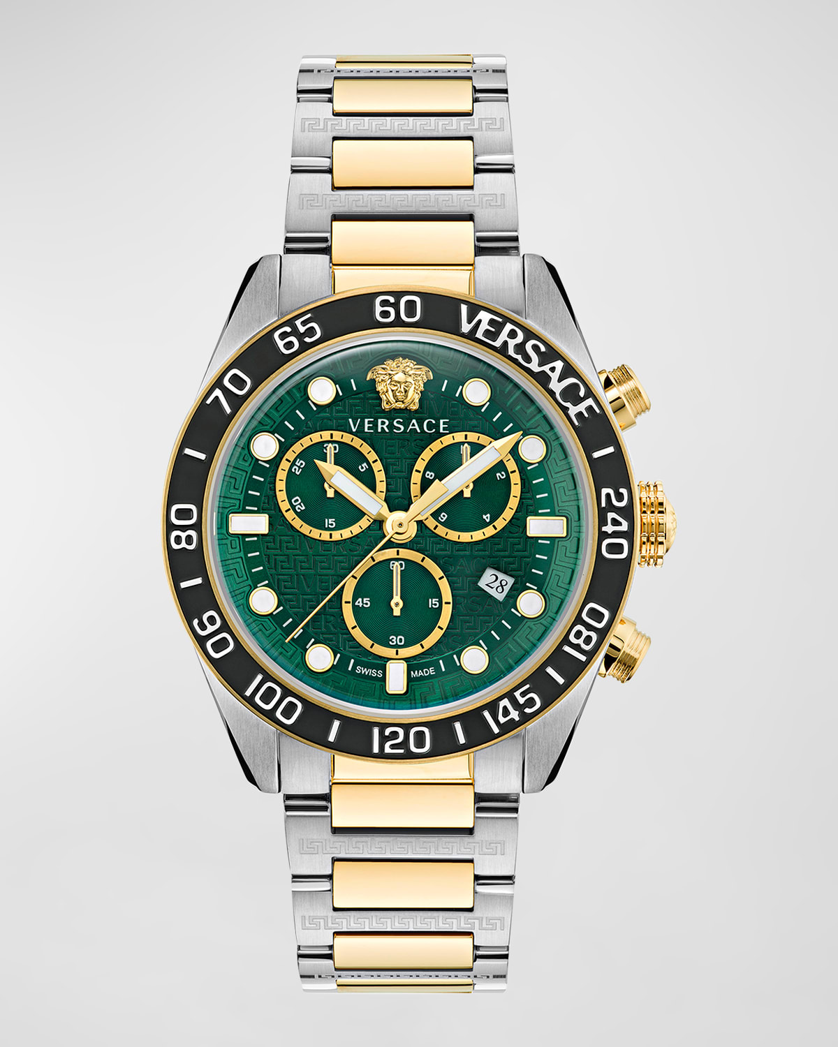 Versace Men's Swiss Chronograph Greca Dome Two Tone Bracelet Watch 43mm In Green Gold Silver