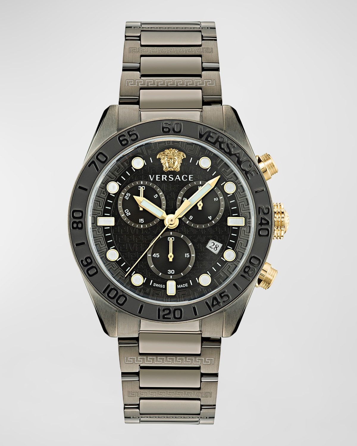 Versace Men's Swiss Chronograph Greca Dome Gunmetal Ion Plated Bracelet Watch 43mm In Black Gray