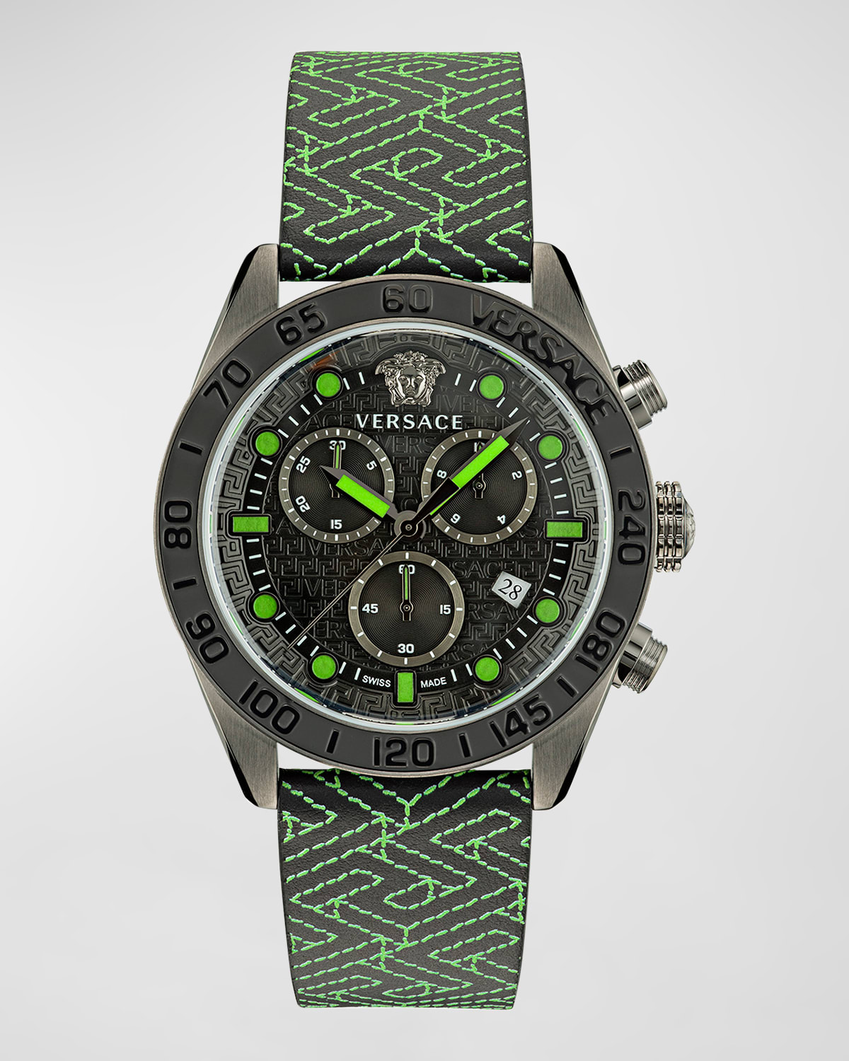 Versace Men's Greca Dome Chrono 43mm Ip Gunmetal Tone Stainless Steel & Leather Strap Watch In Black Black