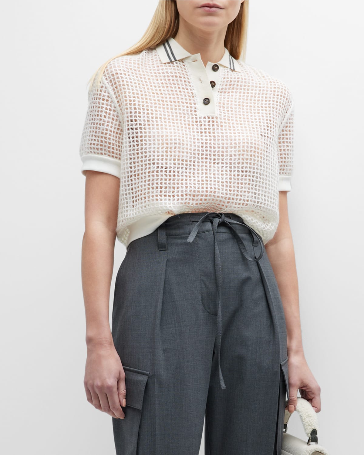 Brunello Cucinelli Netted Polo Shirt With Contrast Stripes In Cep48 Panama