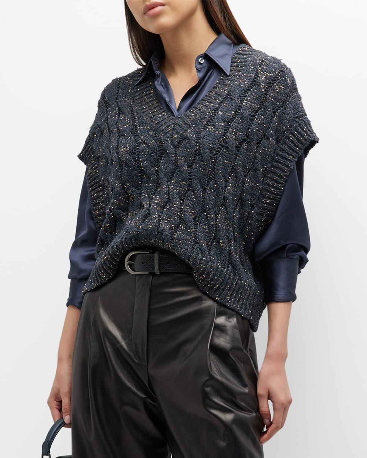 Brunello Cucinelli Linen Cable-knit Vest With Paillette Detail In Clz03 ...