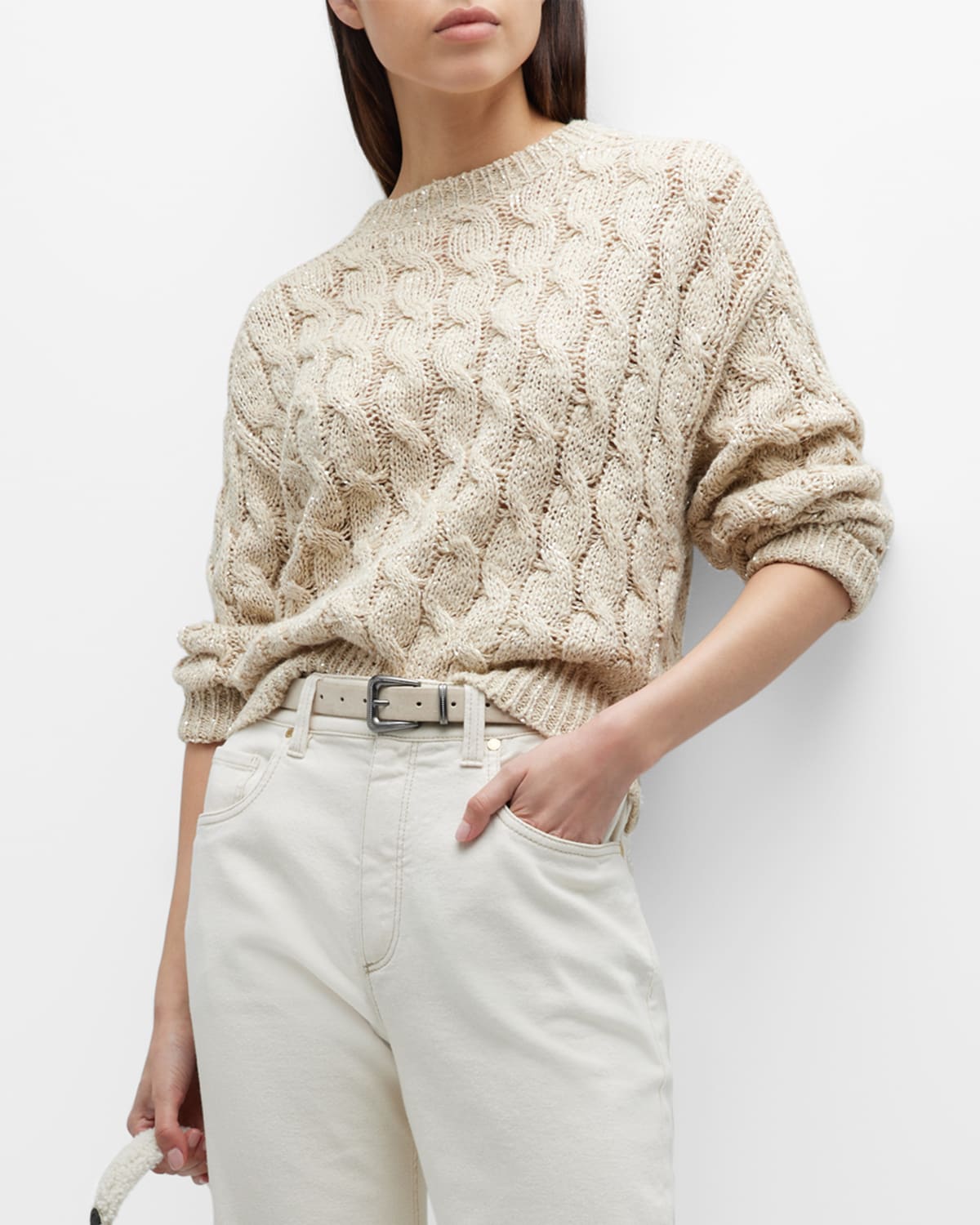 Brunello Cucinelli Linen Cable-knit Pullover With Paillette Detail In Cbu80 Light Beige