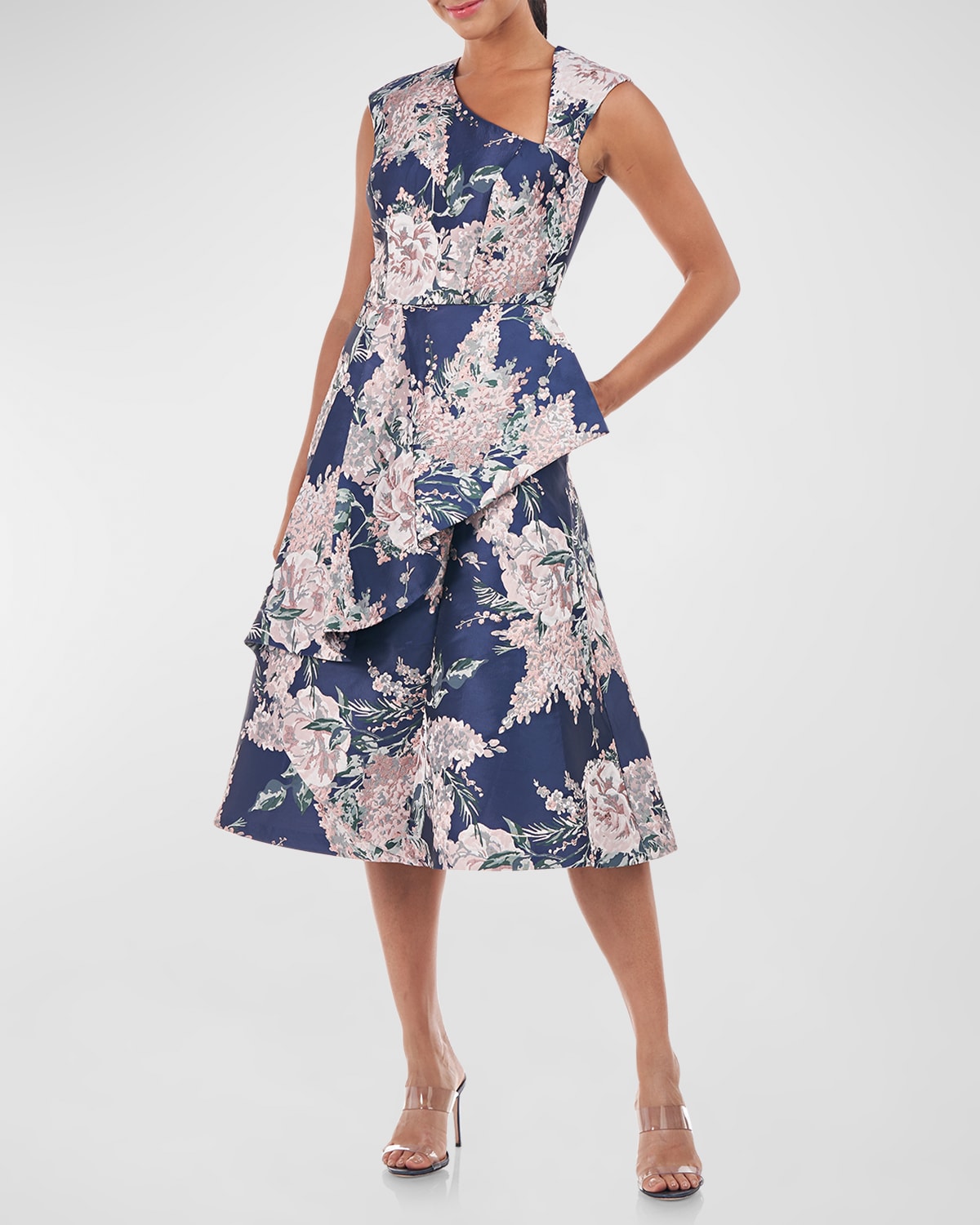 Kay Unger New York Asymmetric Floral Jacquard Ruffle Midi Dress