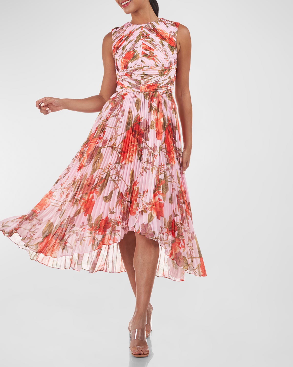 Kay Unger New York Sleeveless Pleated Floral-Print Midi Dress