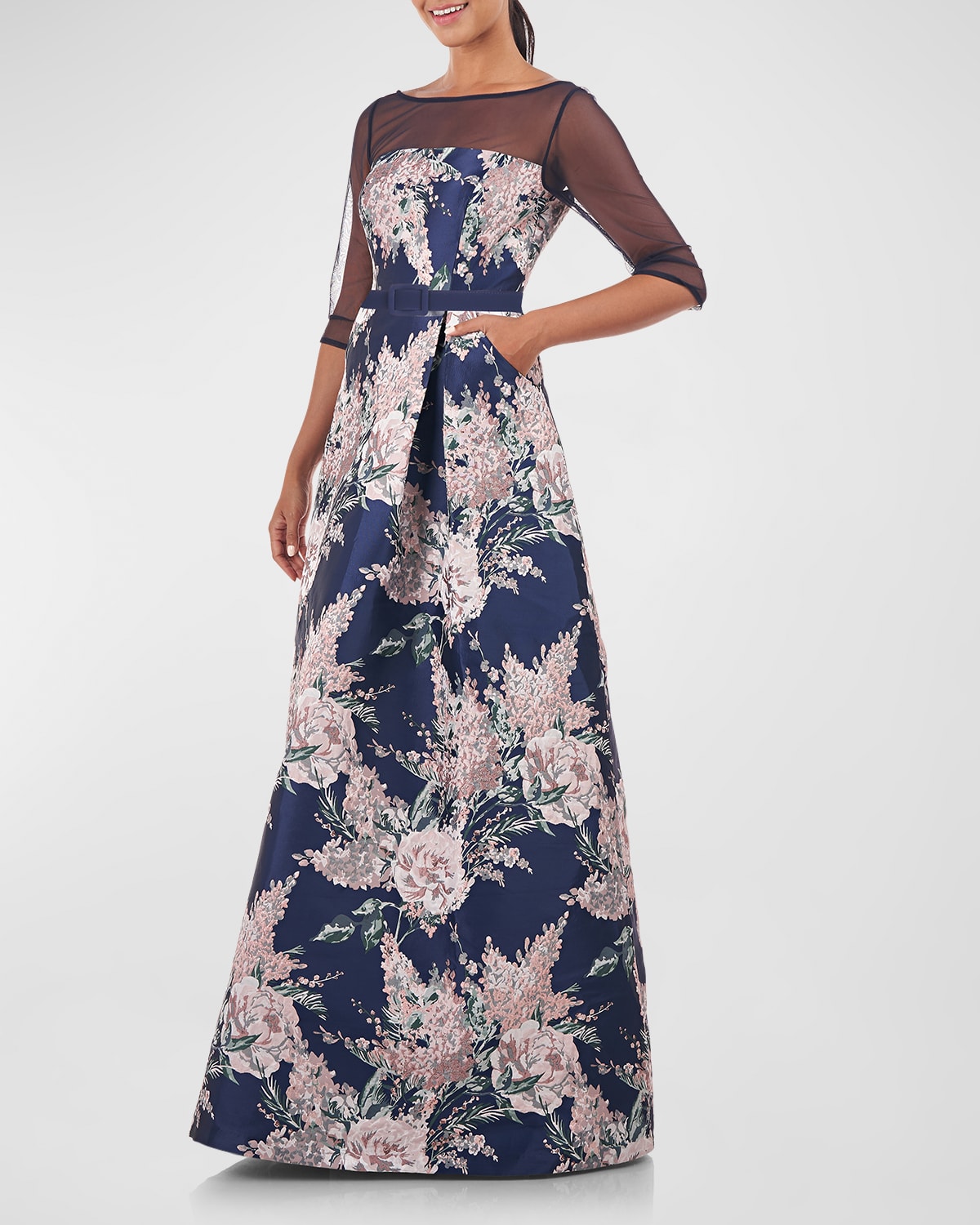 Kay Unger Pleated Floral Jacquard Illusion Gown In Marine Blue Rose