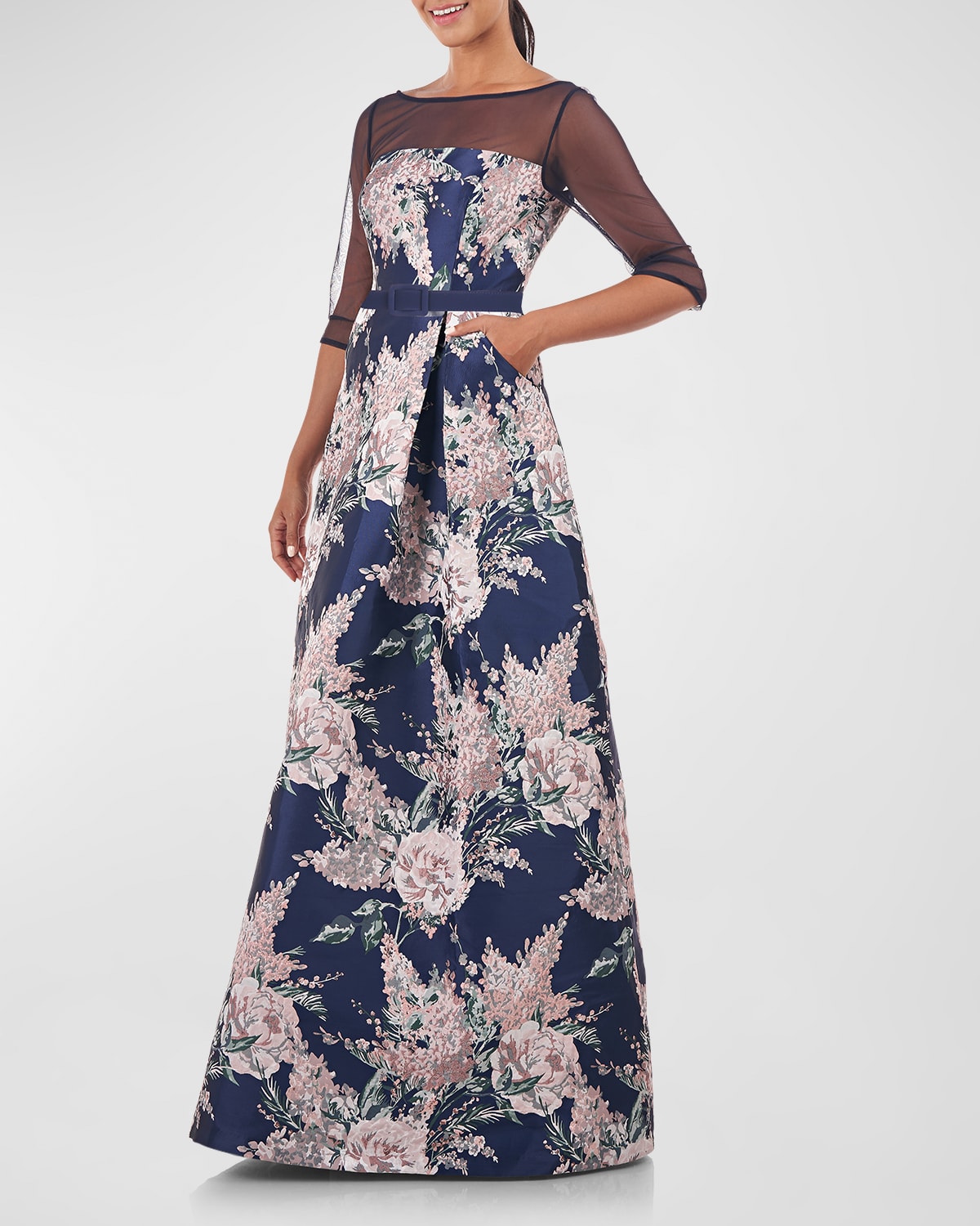 KAY UNGER PLEATED FLORAL JACQUARD ILLUSION GOWN