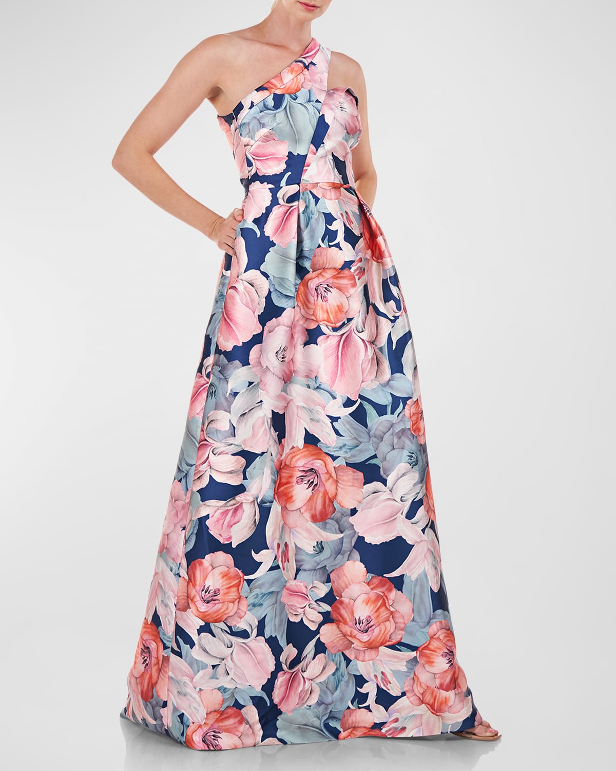 Kay Unger New York Tulip Poppy-Print One-Shoulder Mikado Gown