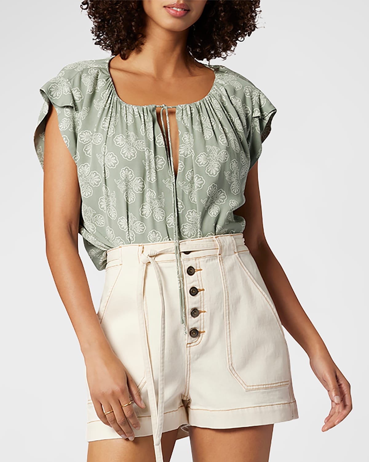 Joie Gwyneth Floral Drawstring Neck Top In Iceberg Green And