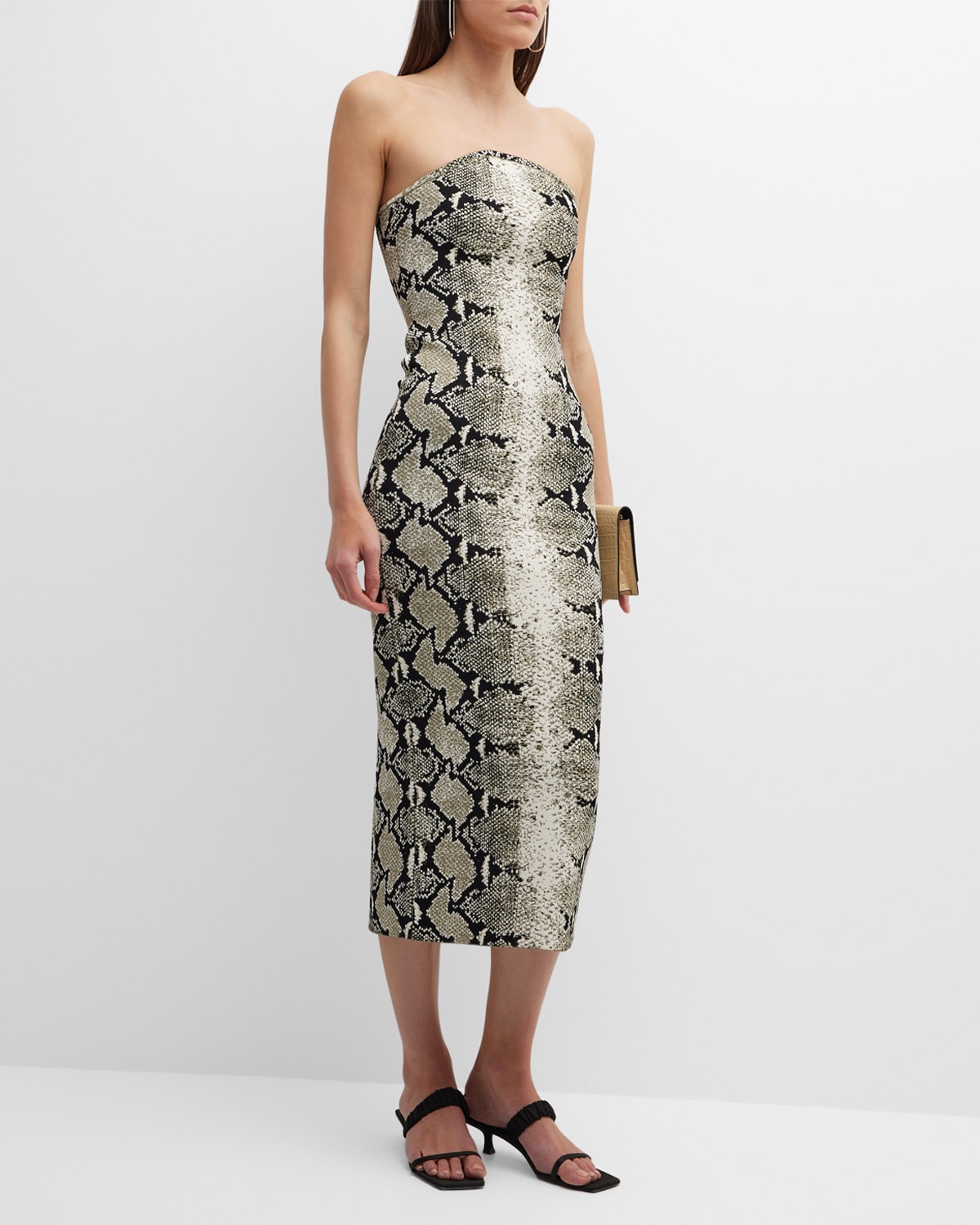 Khaite The Rumer Python Print Strapless Midi Dress In Roccia