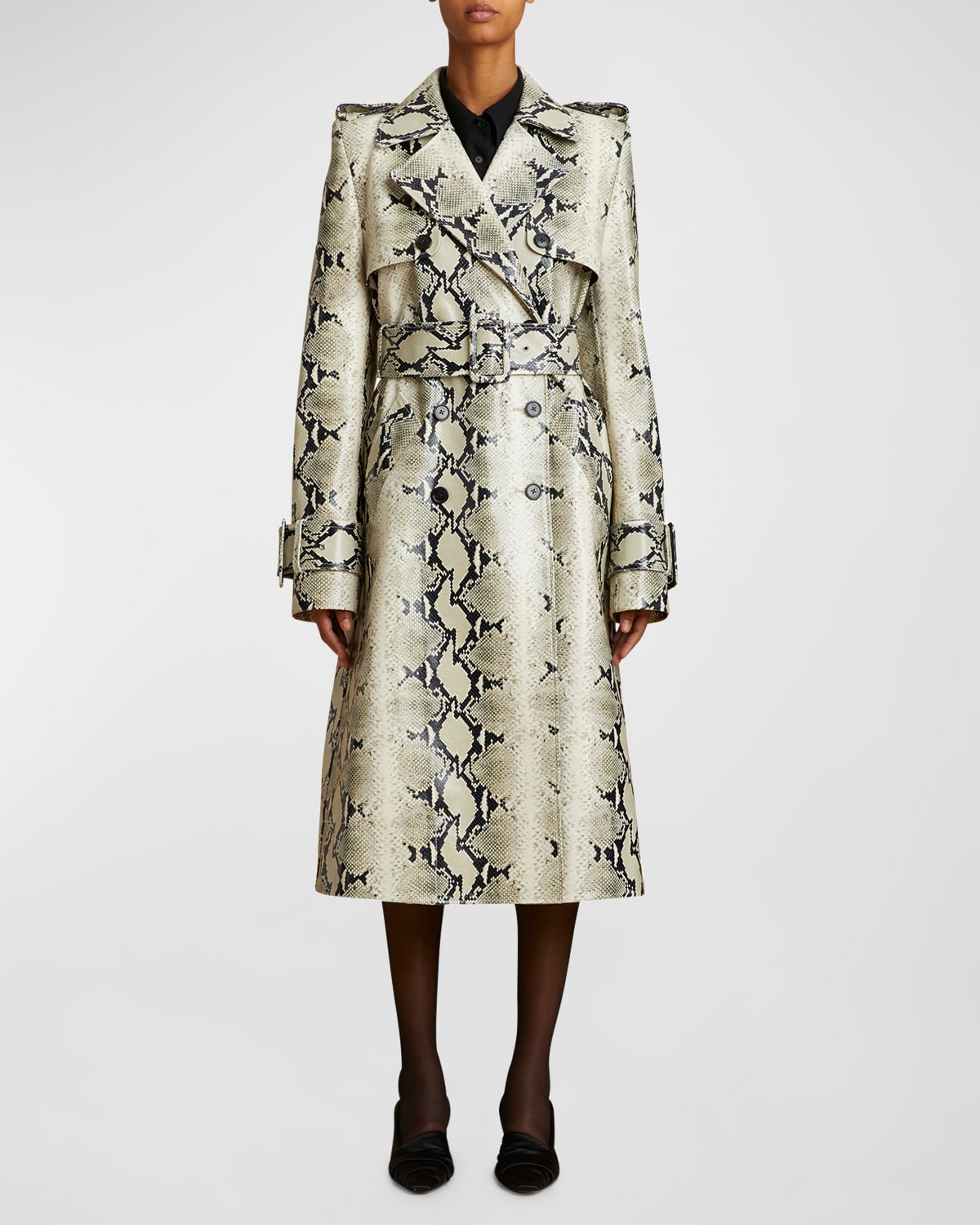 Jaden Snakeskin-Print Leather Double-Breasted Trench Coat