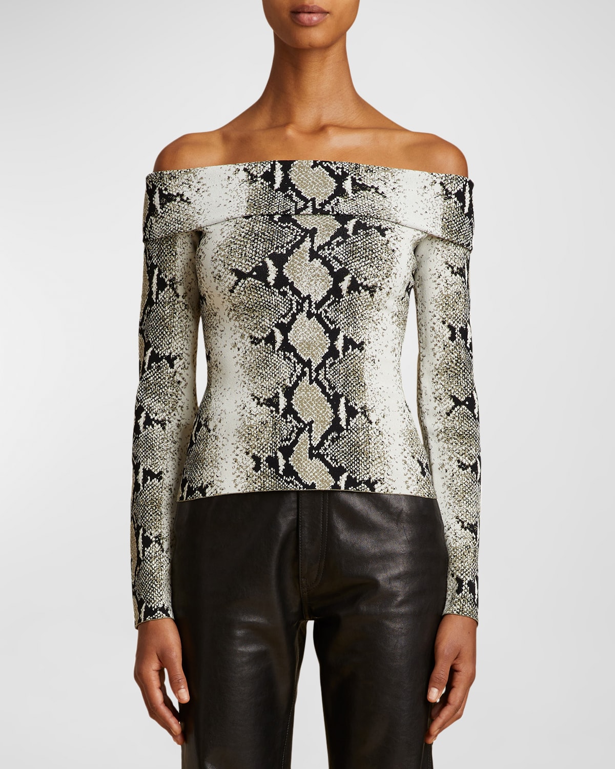 Khaite Vivi Snakeskin-print Foldover Off-the-shoulder Top In Roccia