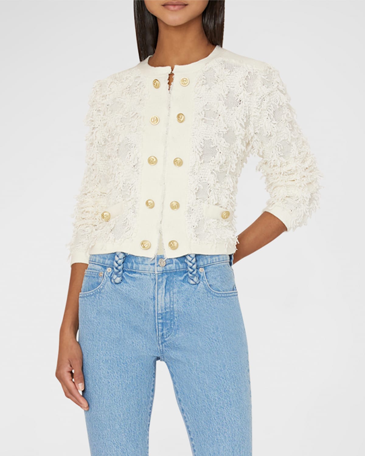 MILLY FRINGE KNIT BUTTON-FRONT CARDIGAN JACKET