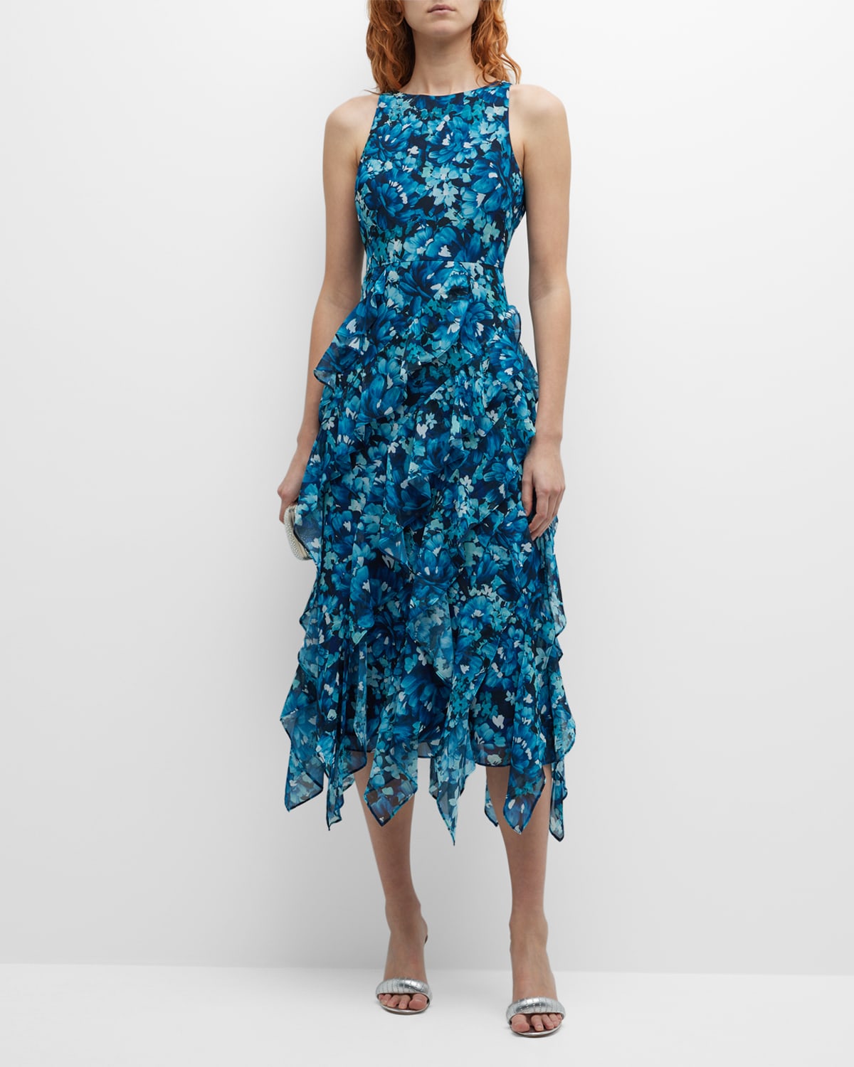 Badgley Mischka Floral-print Cascading Ruffle Midi Dress In Blue