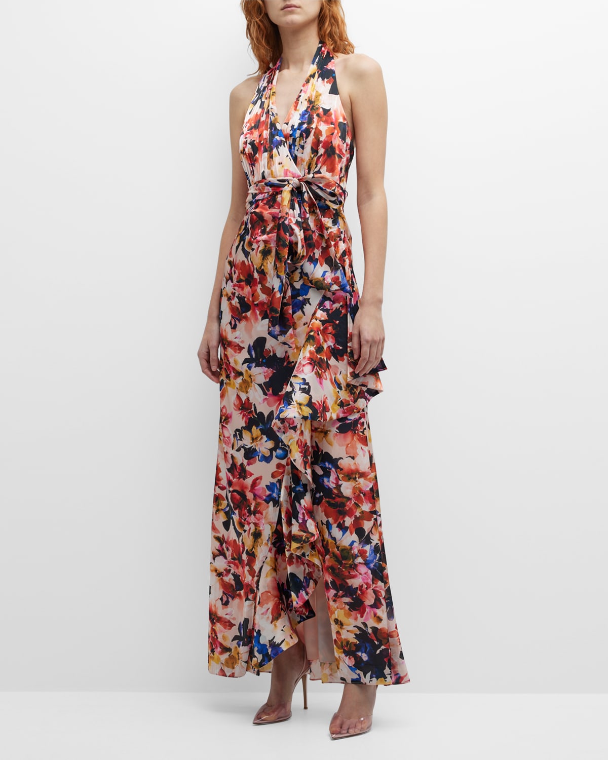 Badgley Mischka Collection Floral-Print Ruffle Wrap Halter Gown