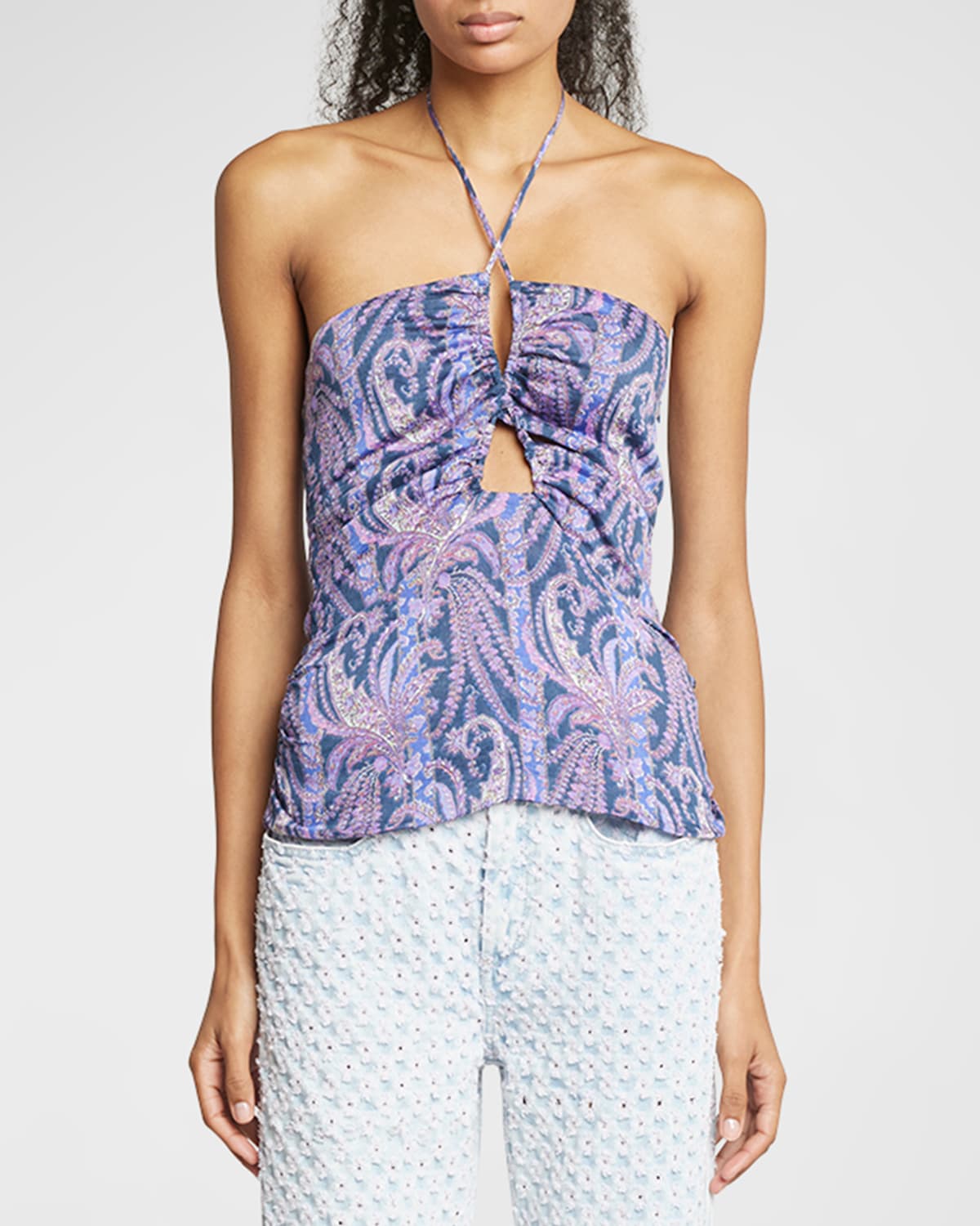 Shop Isabel Marant Becki Paisley-print Ruched Keyhole Halter Top In Faded Night