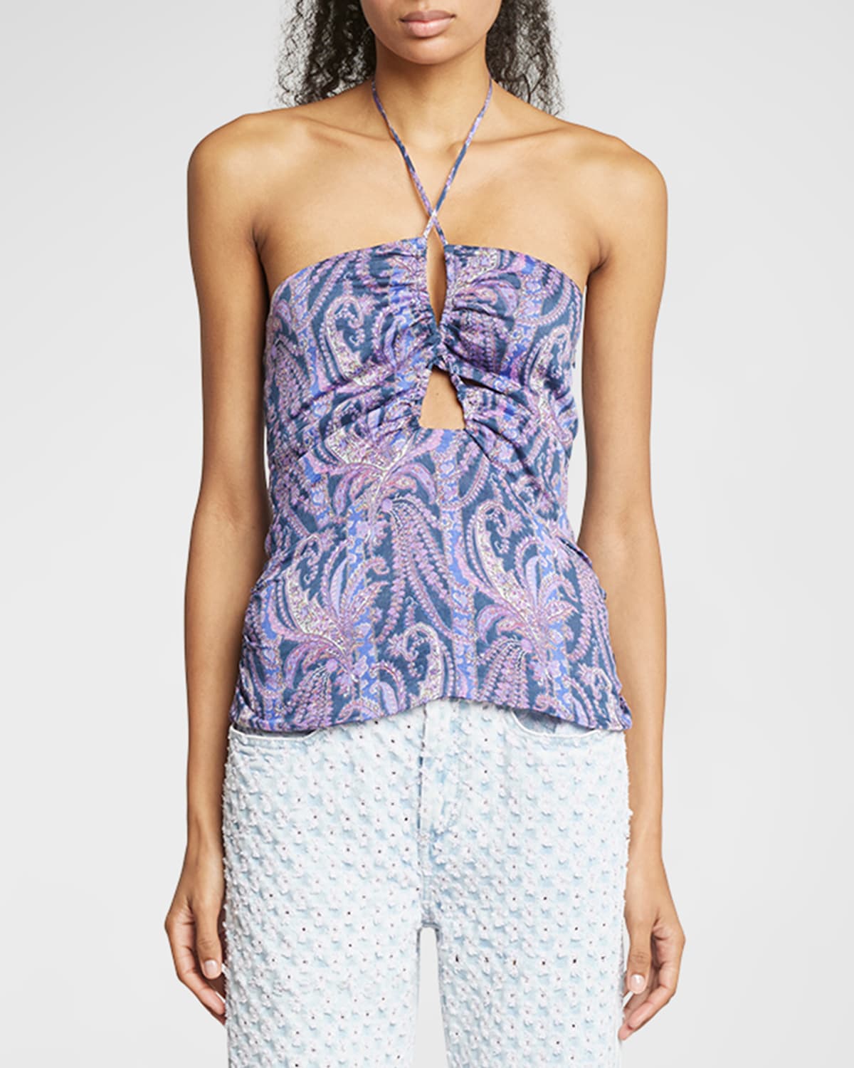 Isabel Marant Becki Paisley-print Ruched Keyhole Halter Top In Faded Night