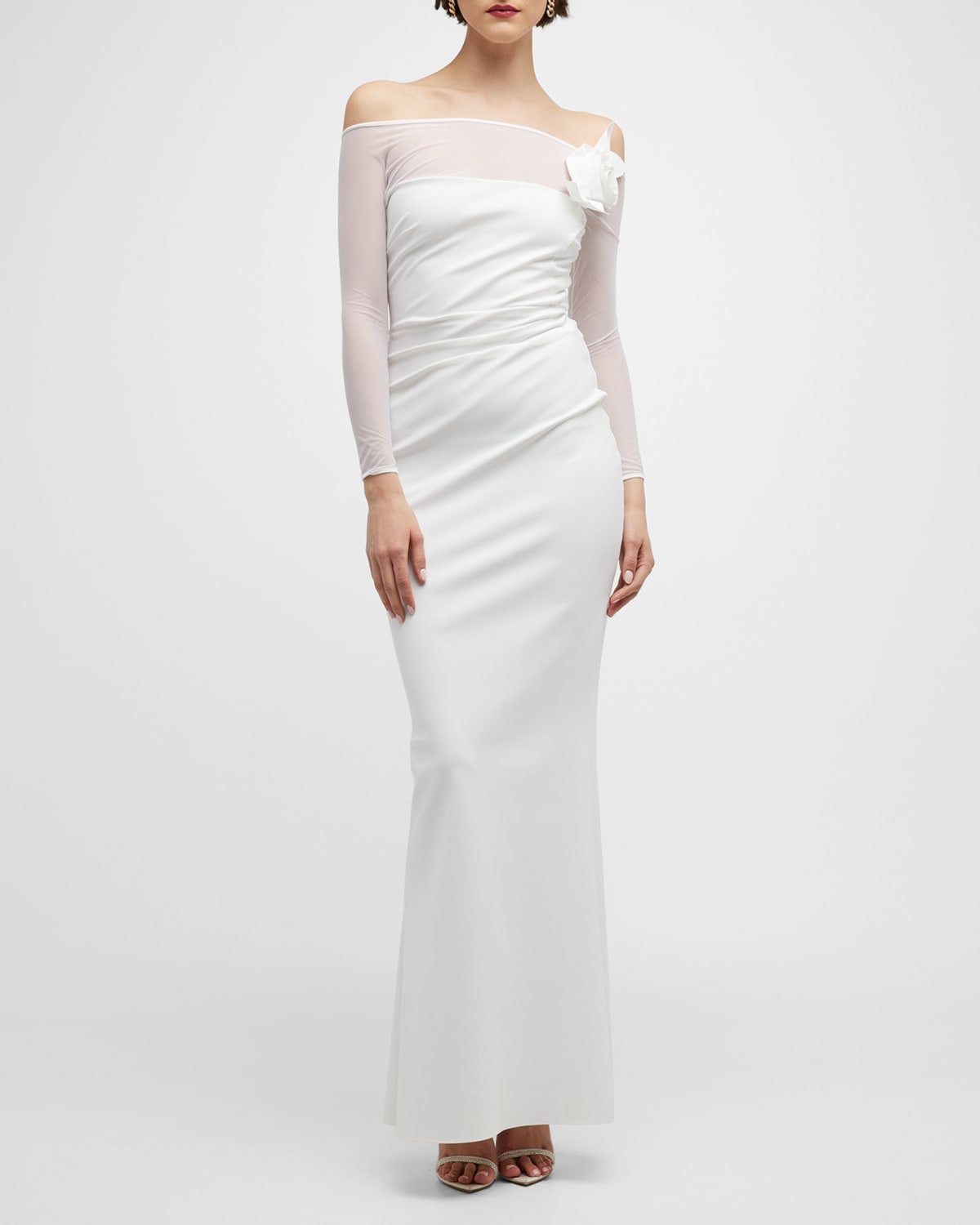 Chiara Boni La Petite Robe Illusion Sleeve Flower Column Gown