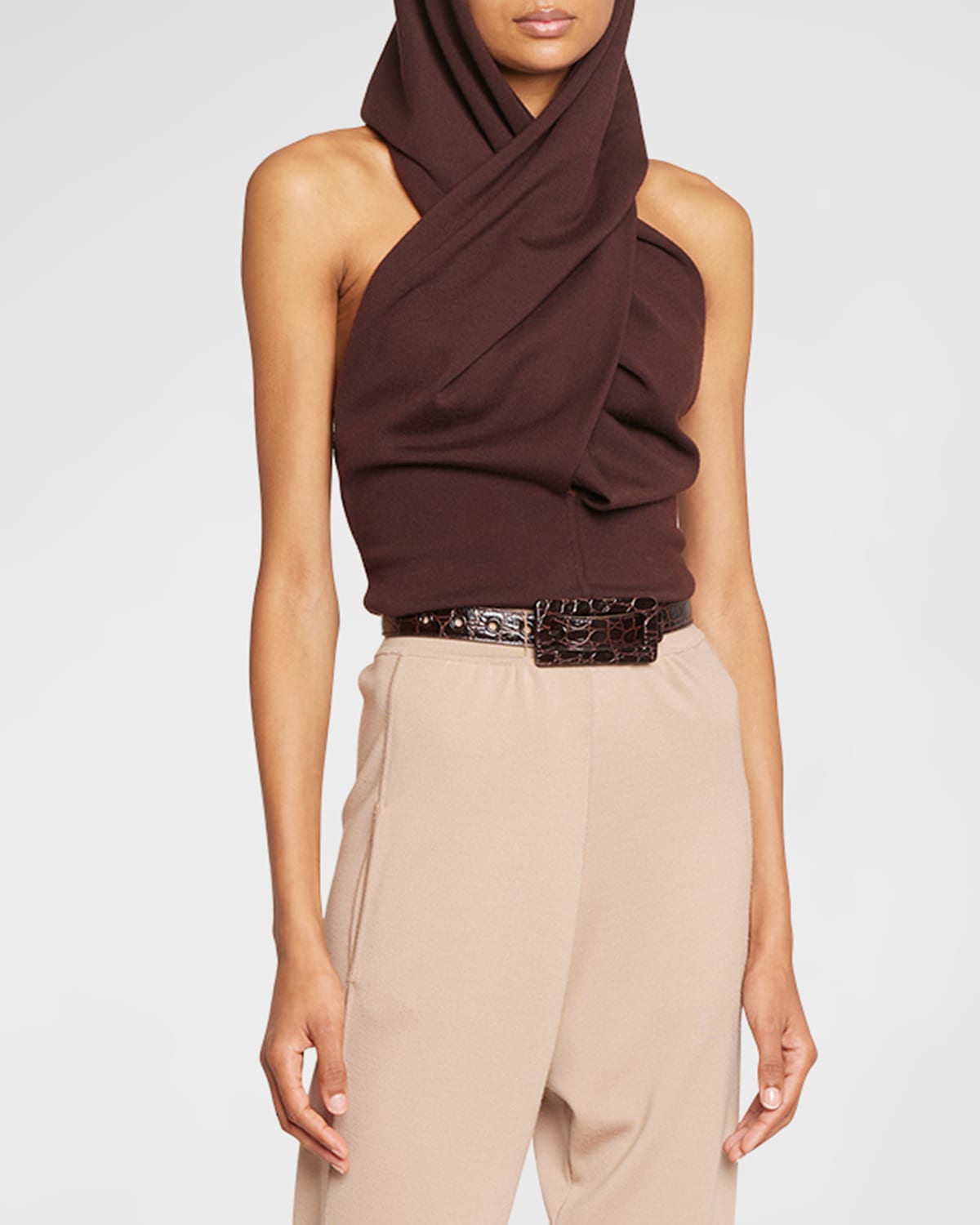 Shop Saint Laurent Wool Drape Halter Top With Hood In Marrone Ma