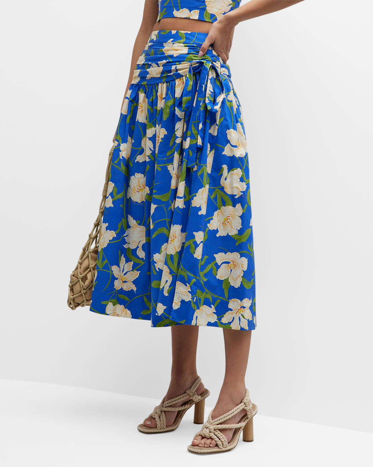 Cara Cara Kayla Ruched-Waist Floral Cotton Midi Skirt