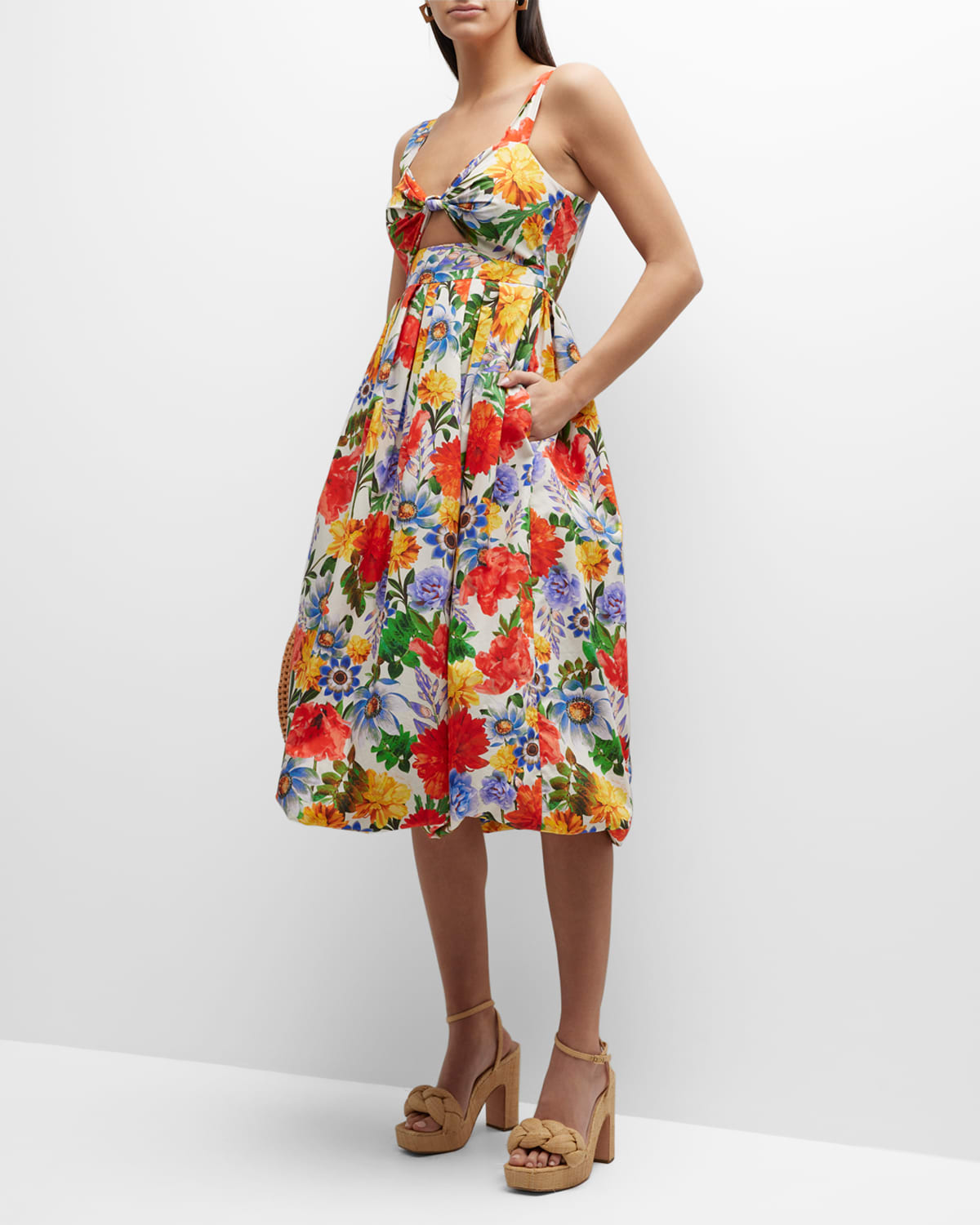 Cara Cara Laurel Floral Cotton Knotted Cutout Midi Dress
