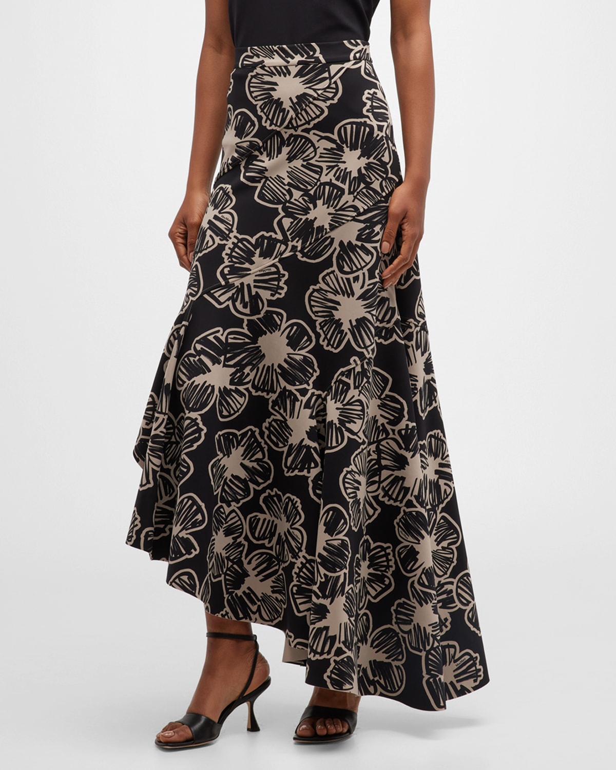 MAX MARA ILEX SCRIBBLE FLORAL-PRINT PANELED HIGH-LOW SKIRT