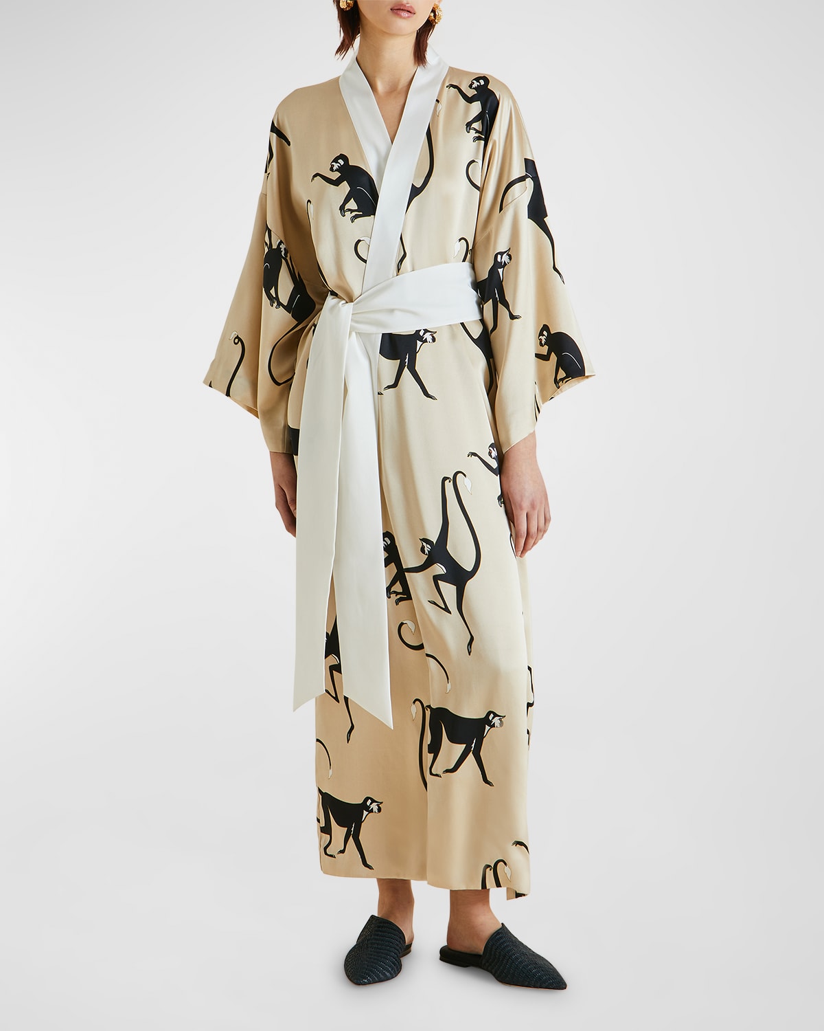 Queenie Long Monkey-Print Silk Robe