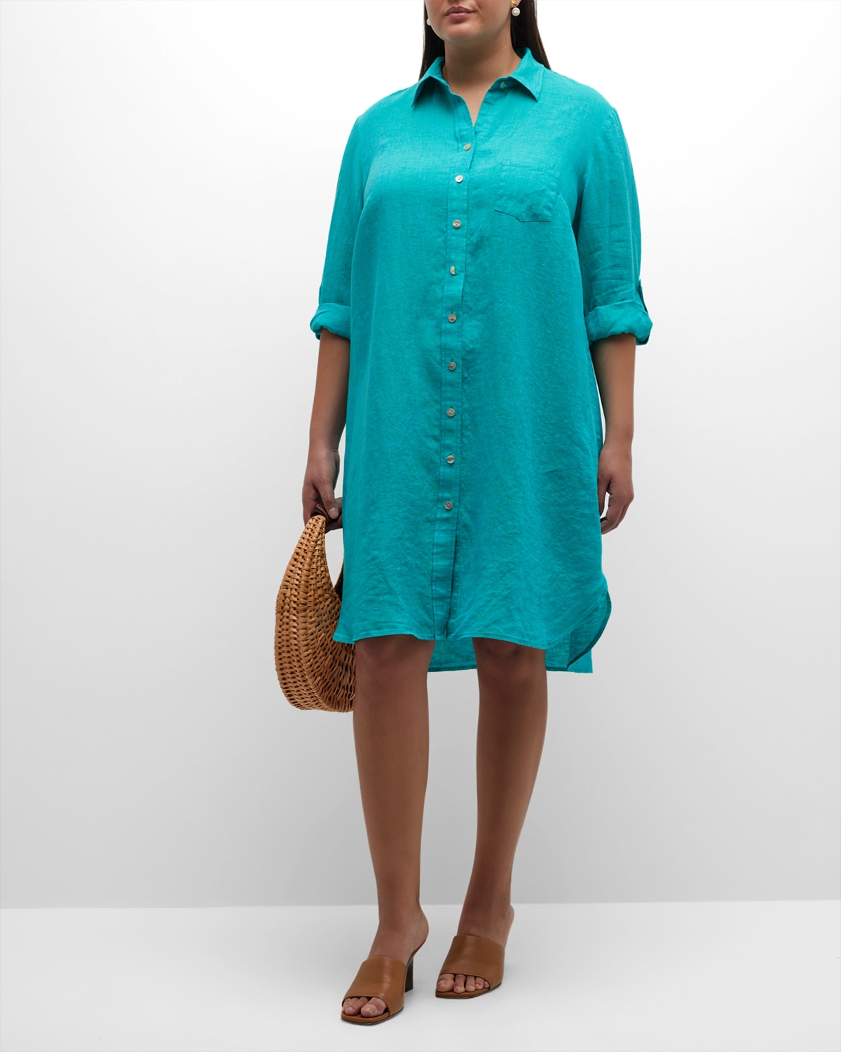 Finley Plus Size Alex Side-slit Linen Shirtdress In Jade