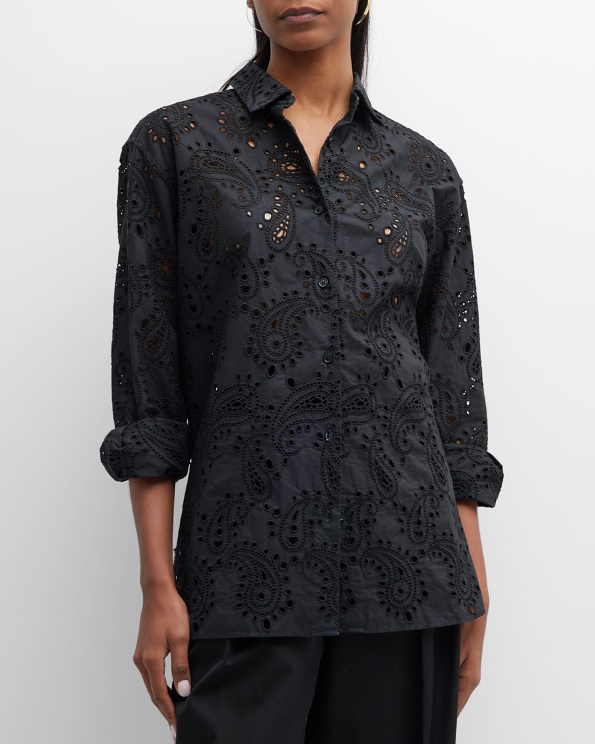 Nili Lotan Mael Embroidered Poplin Button-front Shirt In Black Paisley