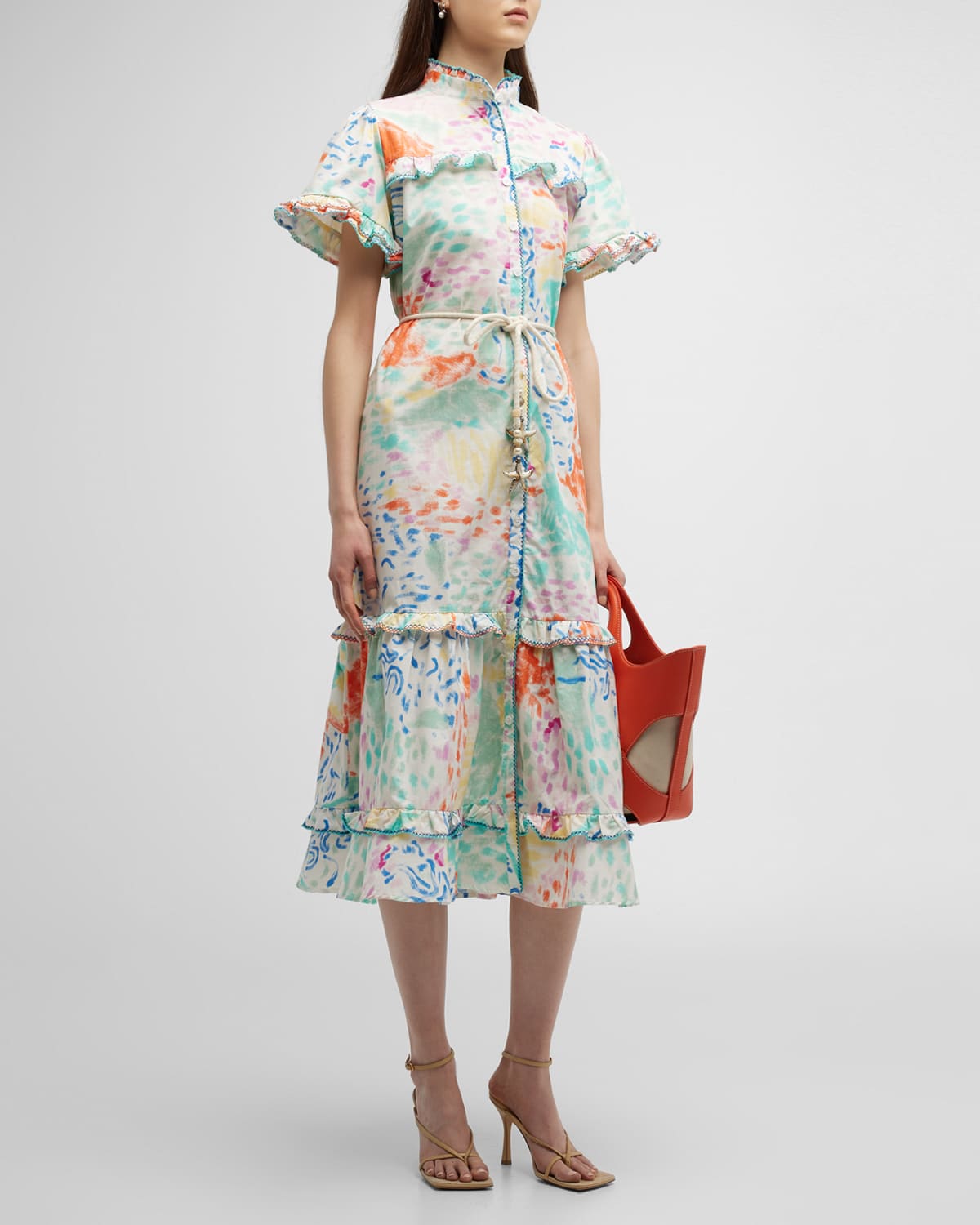 Nice Multicolor Frill-Trim Chemise Midi Dress