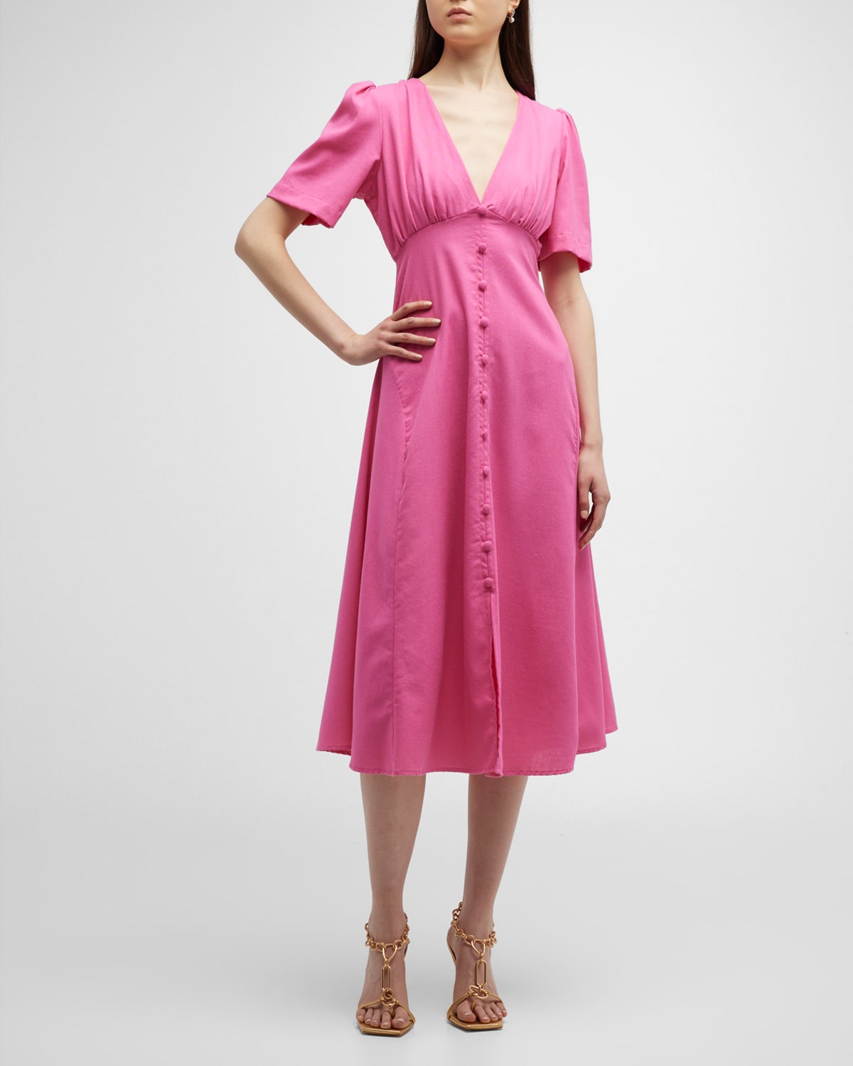 Rossetti Long V-Neck Button-Front Midi Dress