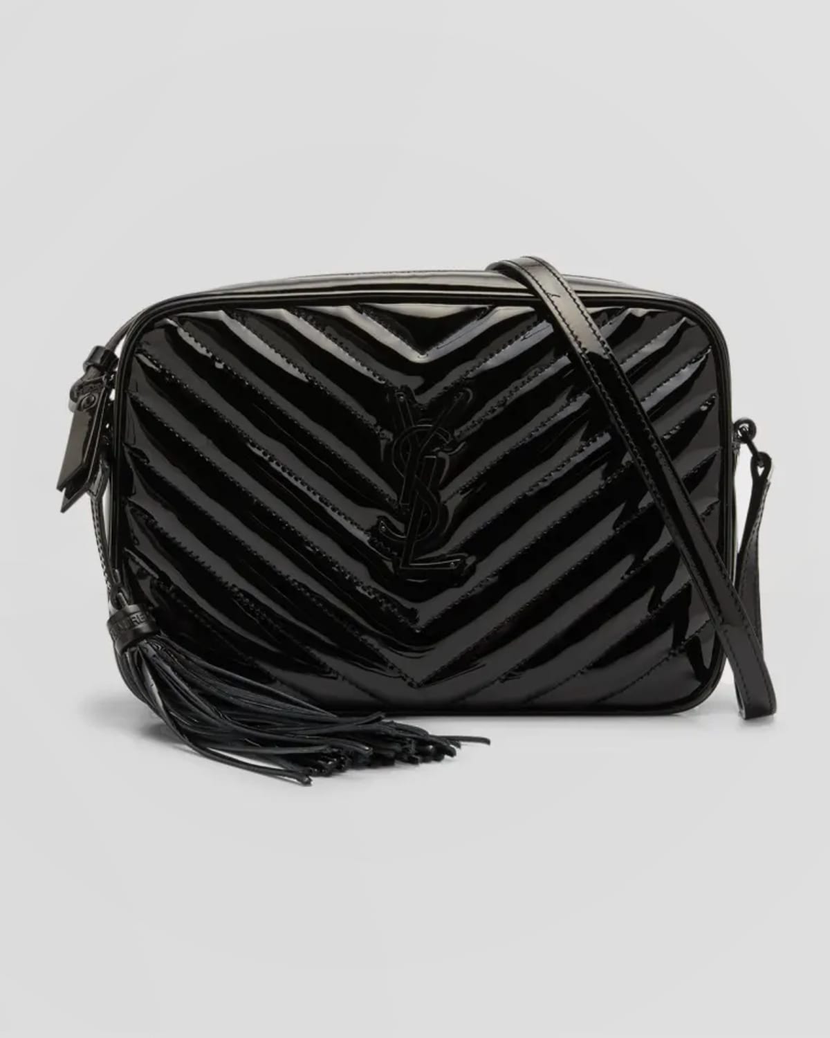 SAINT LAURENT LOU MEDIUM YSL CAMERA BAG WITH POCKET AND TASSEL IN QUILTED PATENT LEATHER