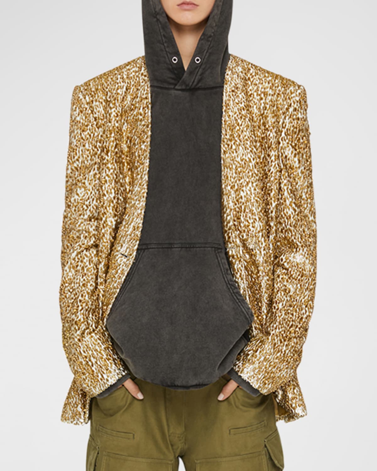 Beaded Double-Breasted Collarless Metallic Jacquard Jacket