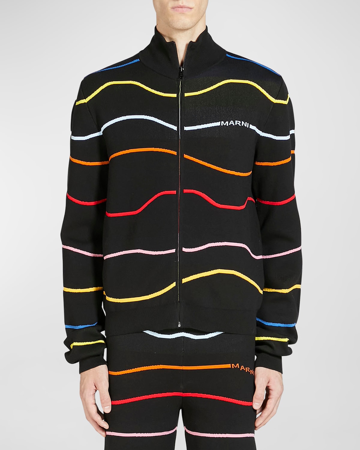 Marni Cotton Jacquard Wave Regular Fit Full Zip Mock Neck Cardigan In Multicolour