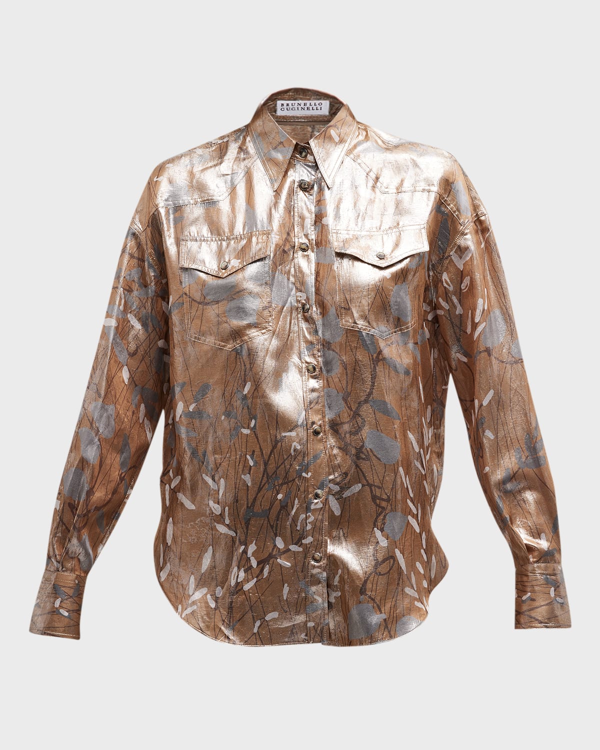 BRUNELLO CUCINELLI METALLIC LAMINATED-PRINT SILK WESTERN BLOUSE