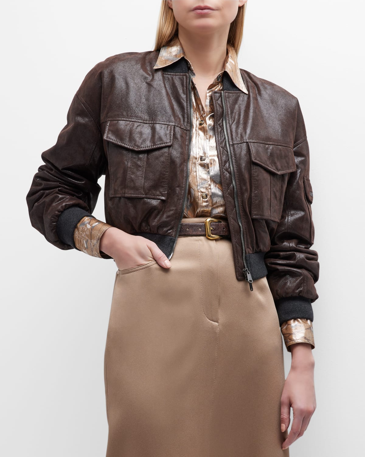 Brunello Cucinelli Laminated Leather Cropped Bomber Jacket With Utility Pockets In C8761 Sigaro