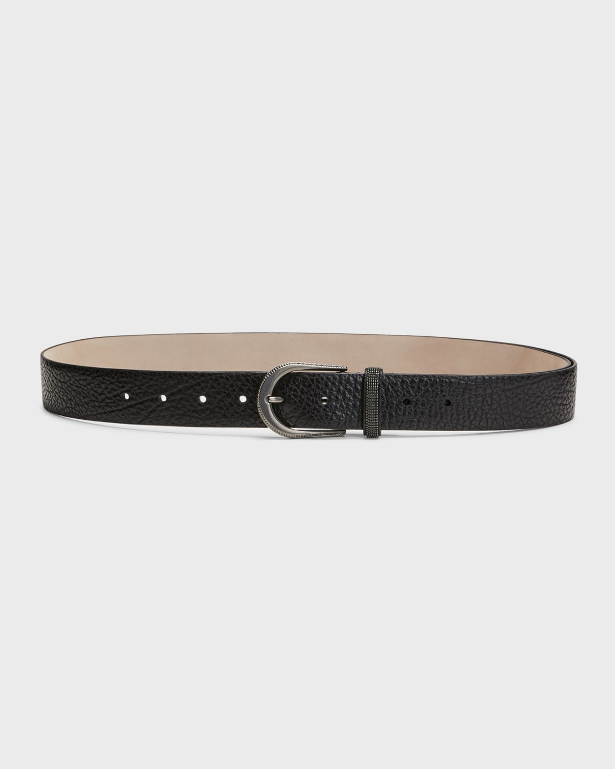 Brunello Cucinelli Textured Leather Belt With Monili Belt Loop In C101 Black