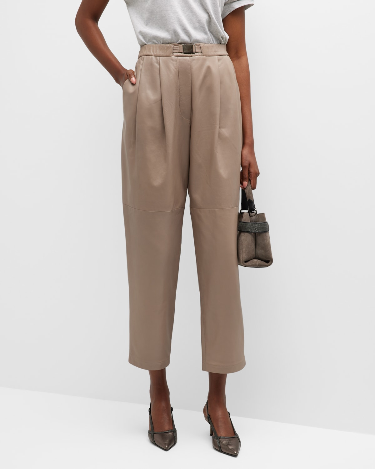 BRUNELLO CUCINELLI PLEATED STRAIGHT-LEG NAPA LEATHER BELTED PULL-ON PANTS