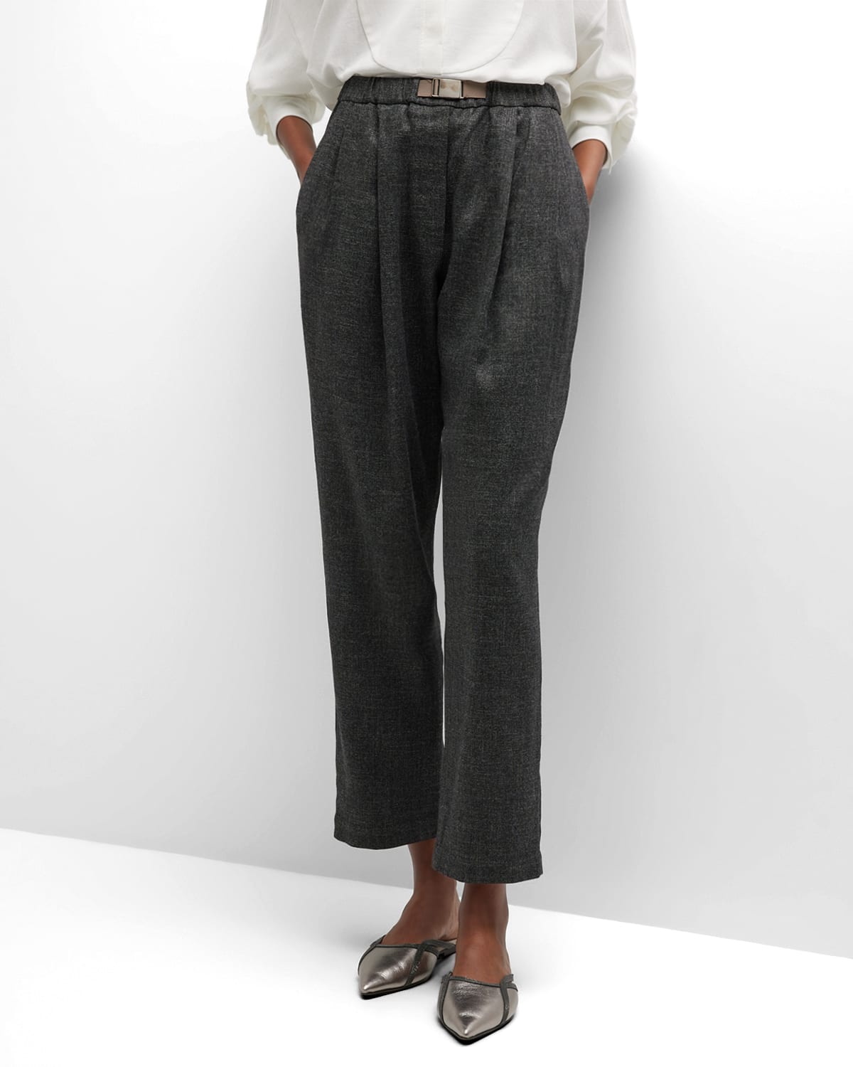 BRUNELLO CUCINELLI GRISALIA BELTED PLEATED STRAIGHT-LEG ANKLE LINEN WOOL PANTS 